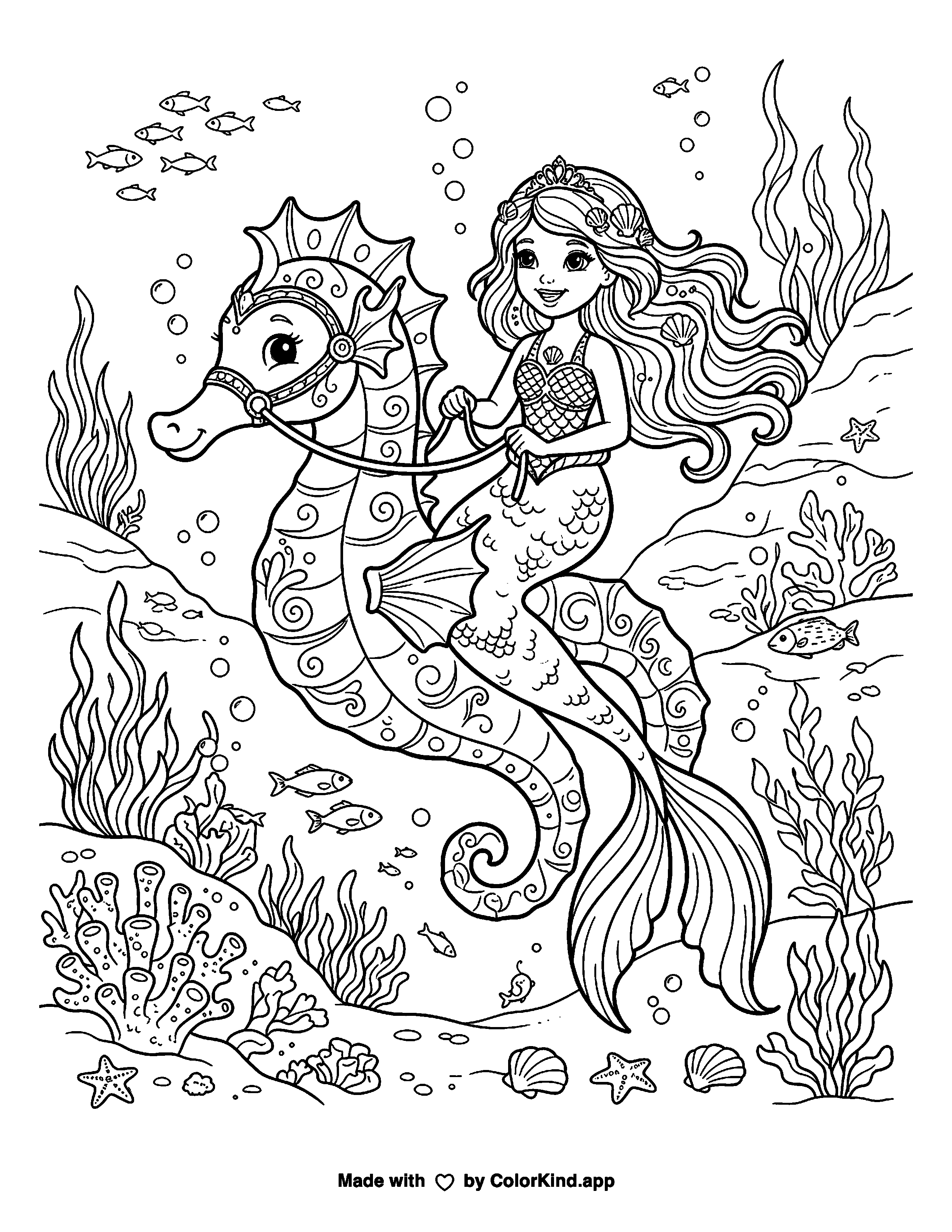 Mermaid Riding a Seahorse as clean black-and-white printable line art made by ColorKind