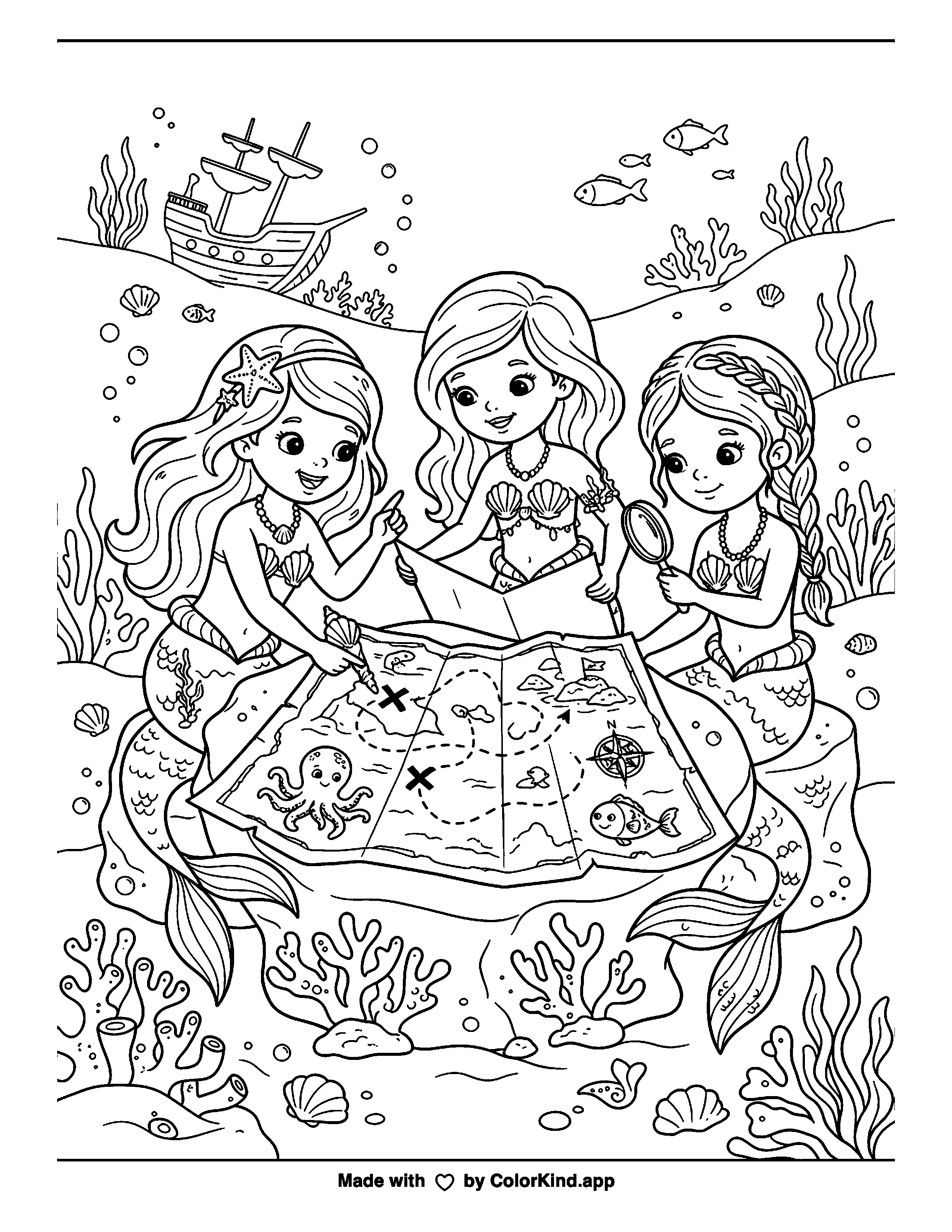 Mermaid Treasure Map as clean black-and-white printable line art made by ColorKind