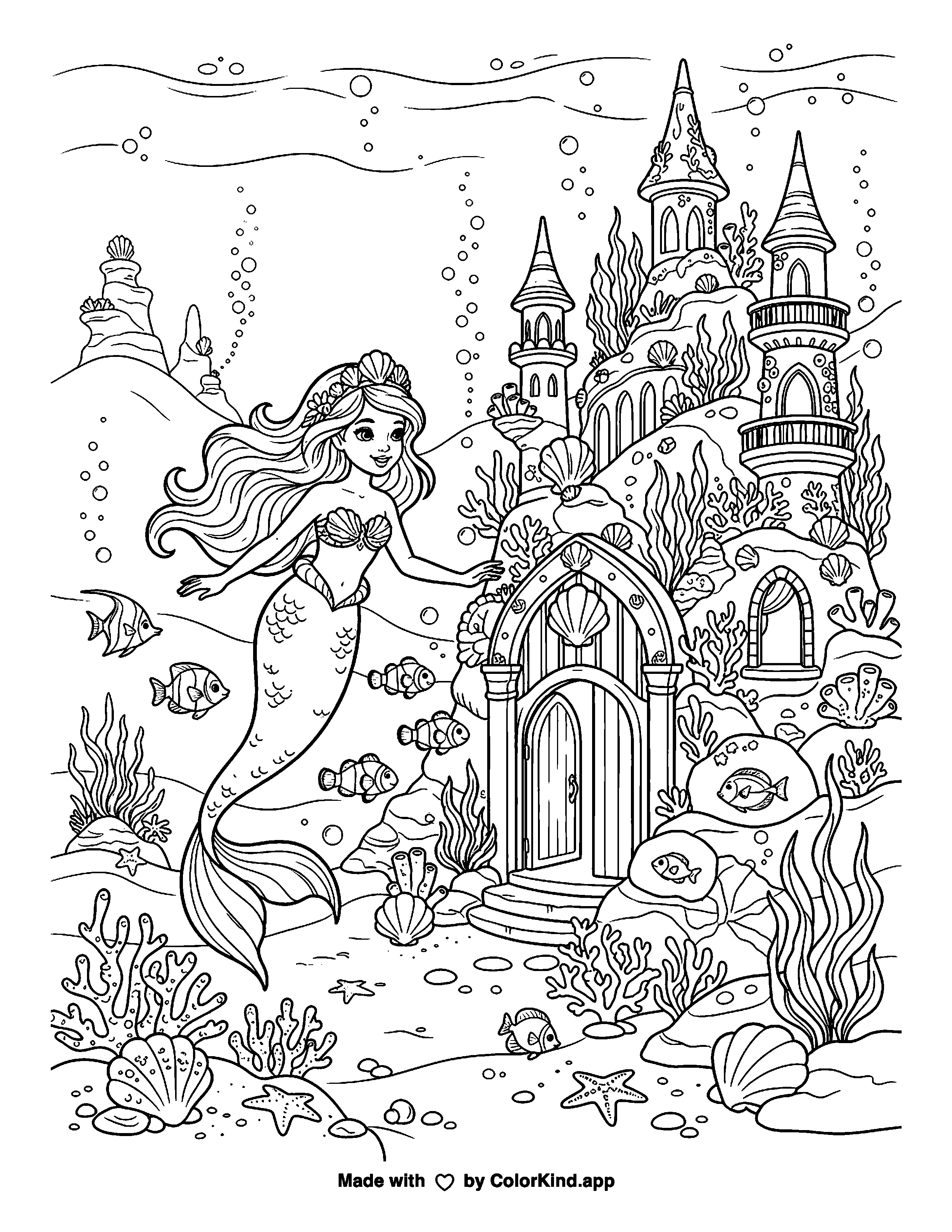 Mermaid Underwater Castle as clean black-and-white printable line art made by ColorKind