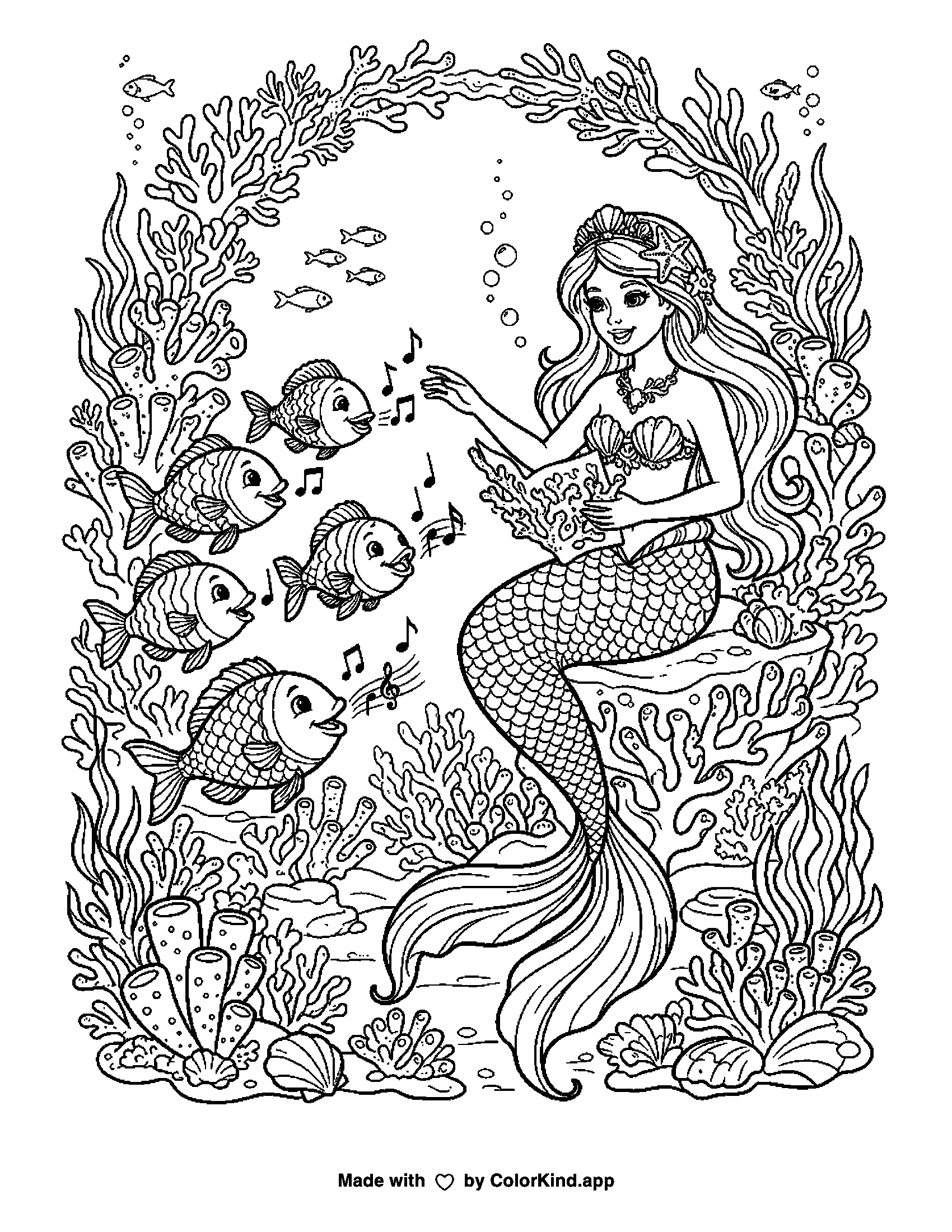 A print-ready ColorKind example for mermaid coloring page ideas