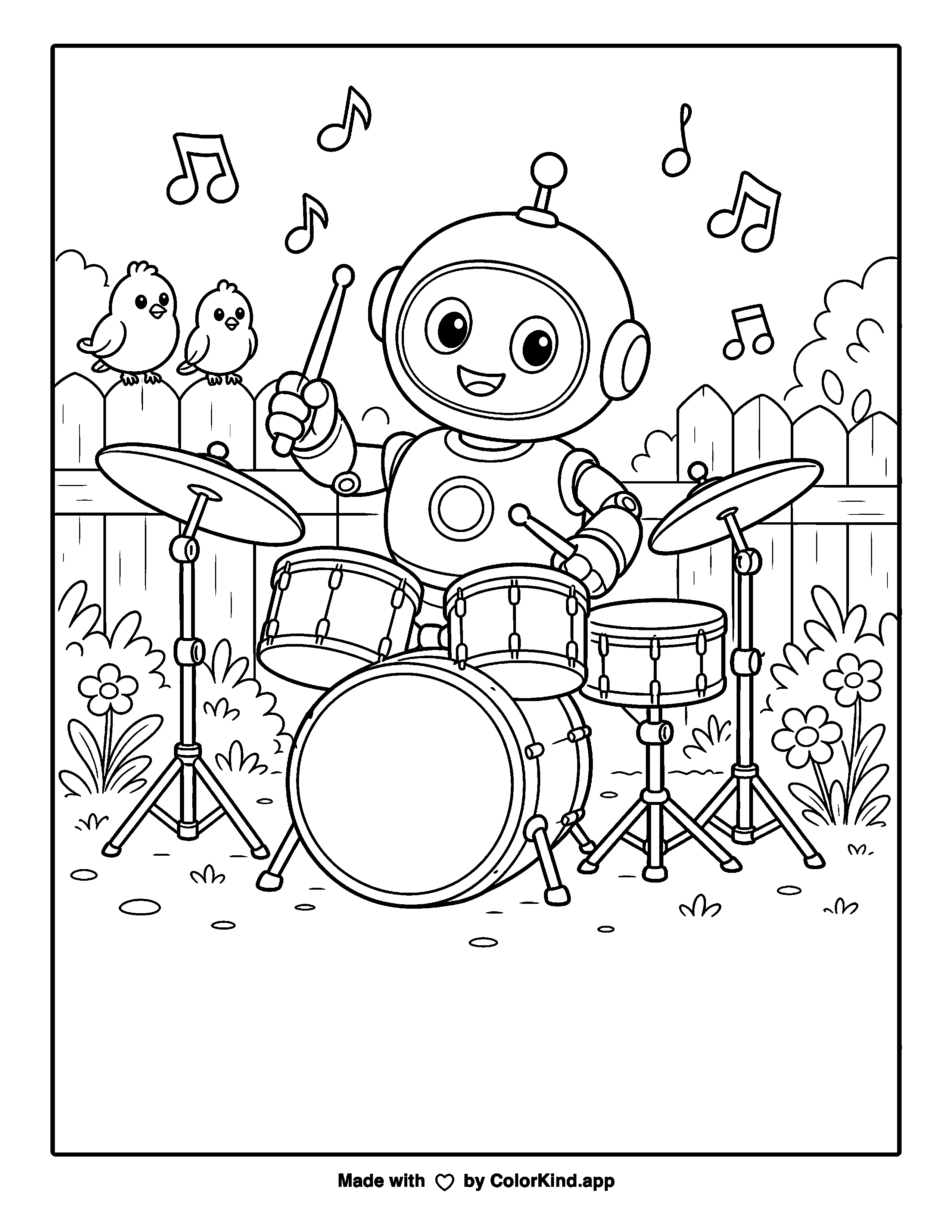 Robot Drum Lesson as clean black-and-white printable line art made by ColorKind