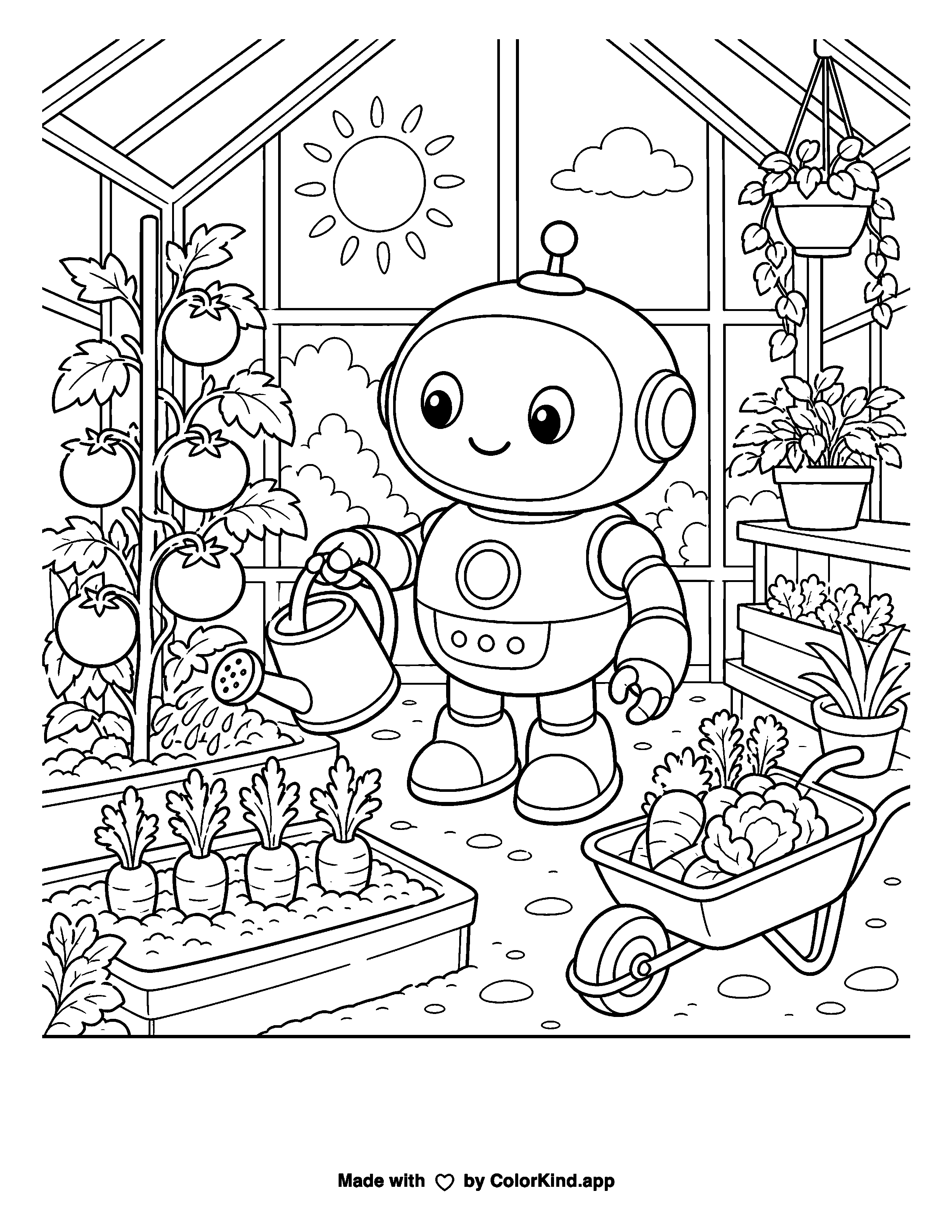 Robot Garden Helper as clean black-and-white printable line art made by ColorKind
