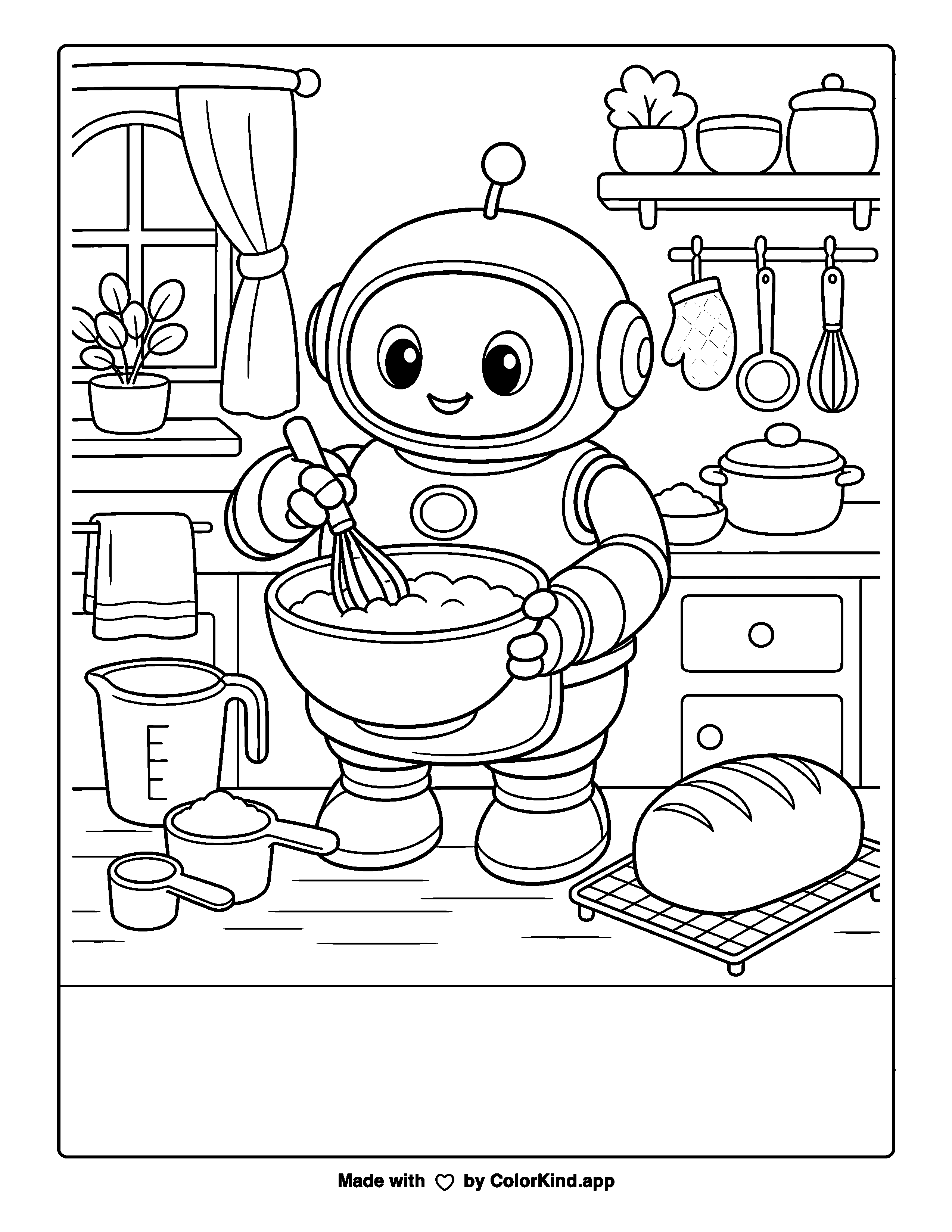 Robot Baking Bread as clean black-and-white printable line art made by ColorKind