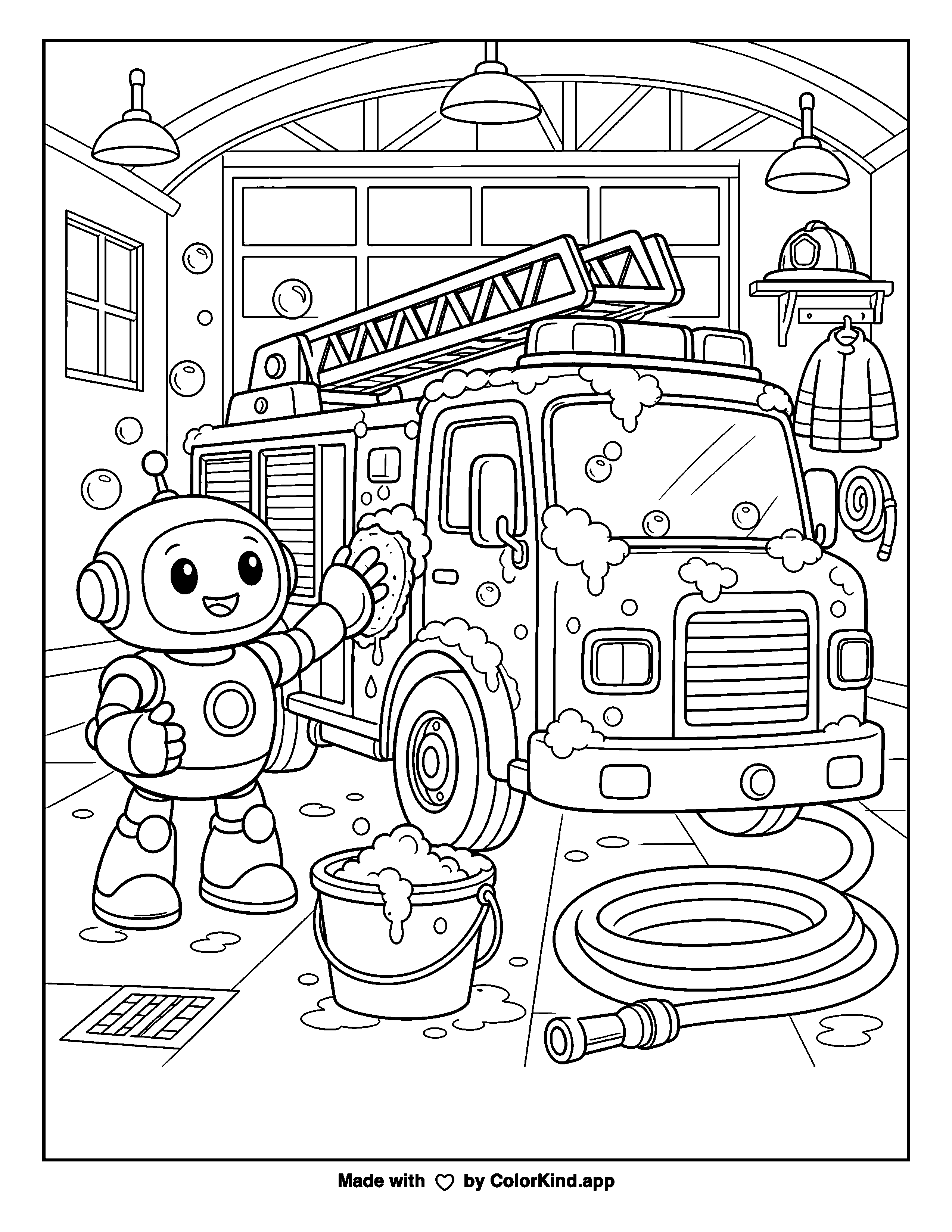 Robot Washing a Fire Truck as clean black-and-white printable line art made by ColorKind