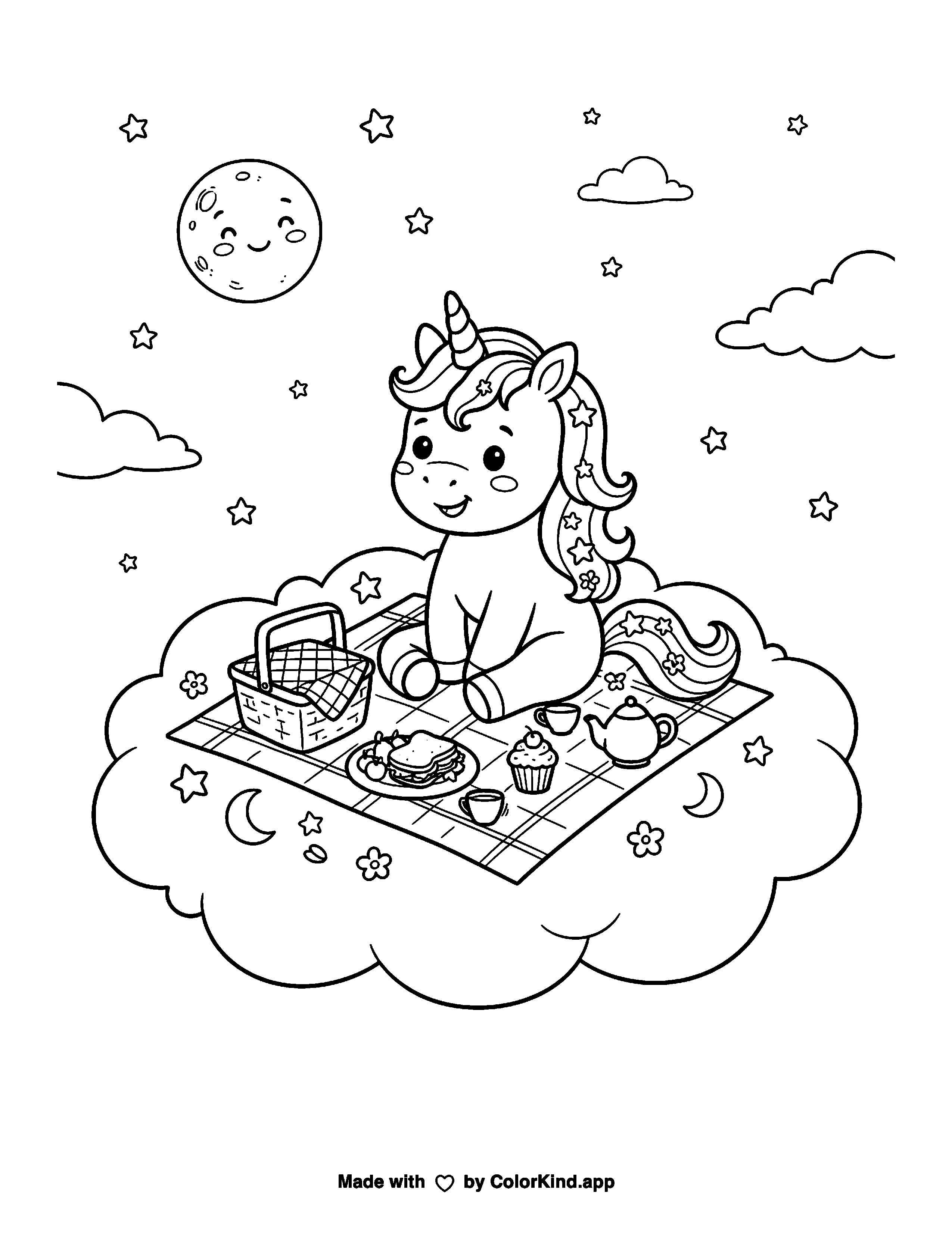 Baby Unicorn Cloud Picnic as clean black-and-white printable line art made by ColorKind