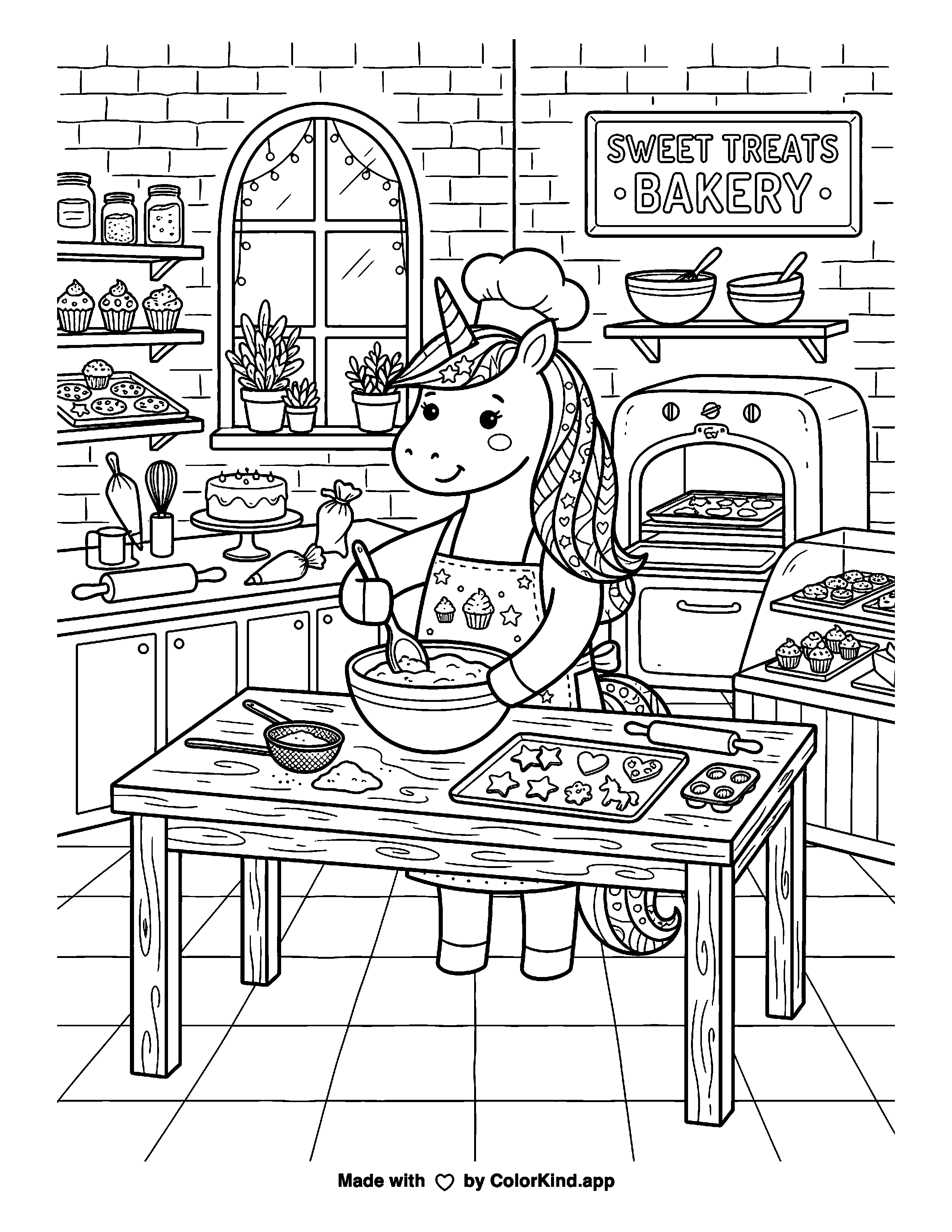 Unicorn Bakery as clean black-and-white printable line art made by ColorKind