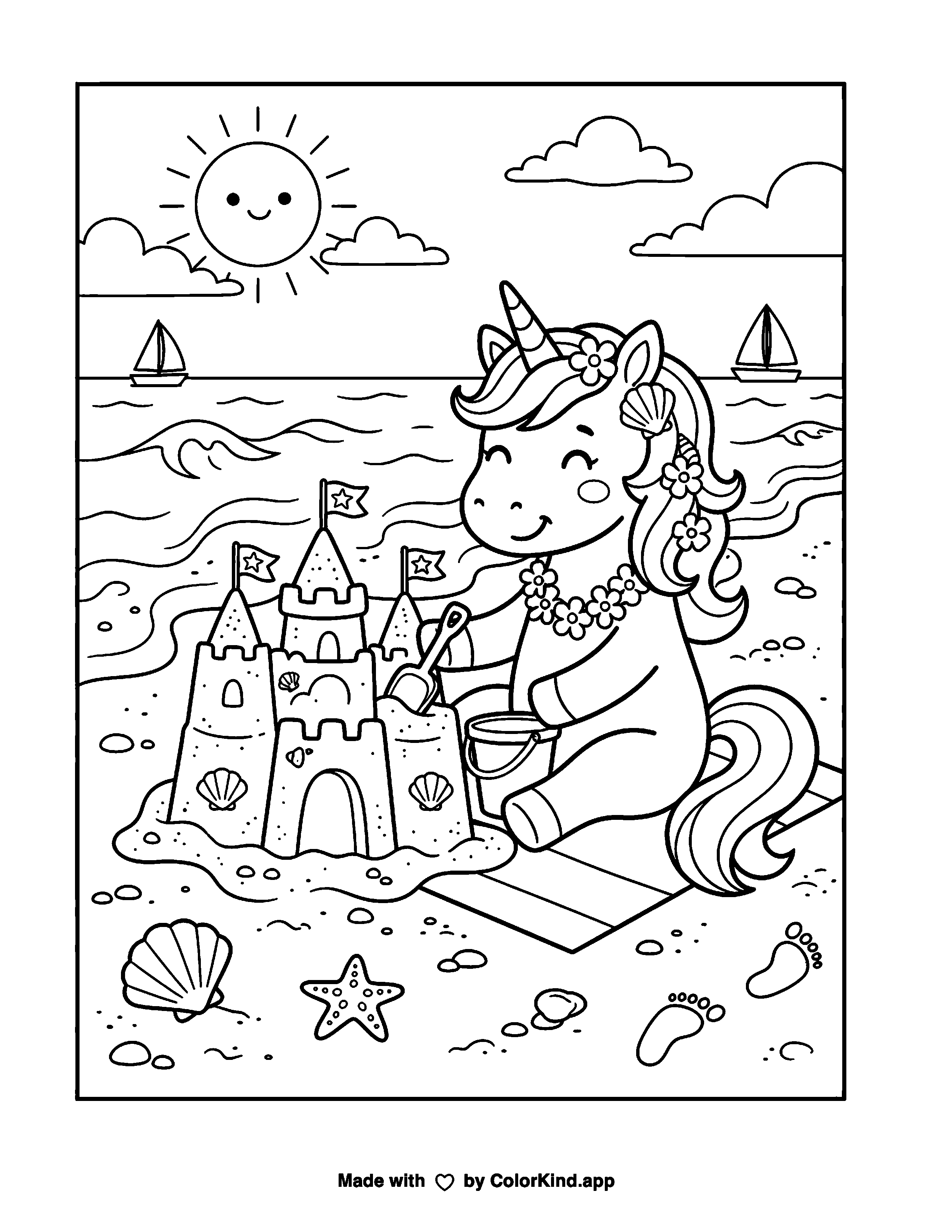 Unicorn Beach Day as clean black-and-white printable line art made by ColorKind