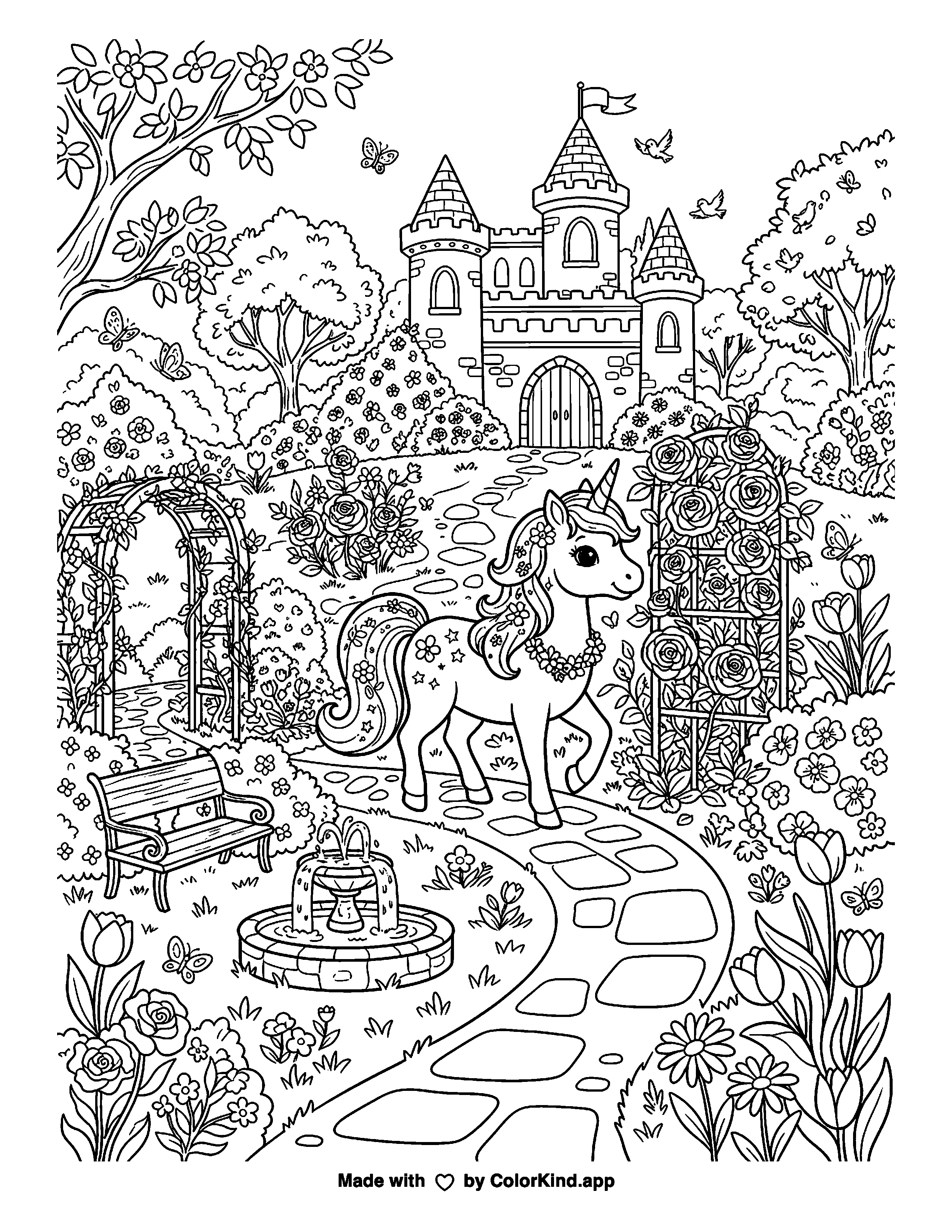 Unicorn Castle Garden as clean black-and-white printable line art made by ColorKind