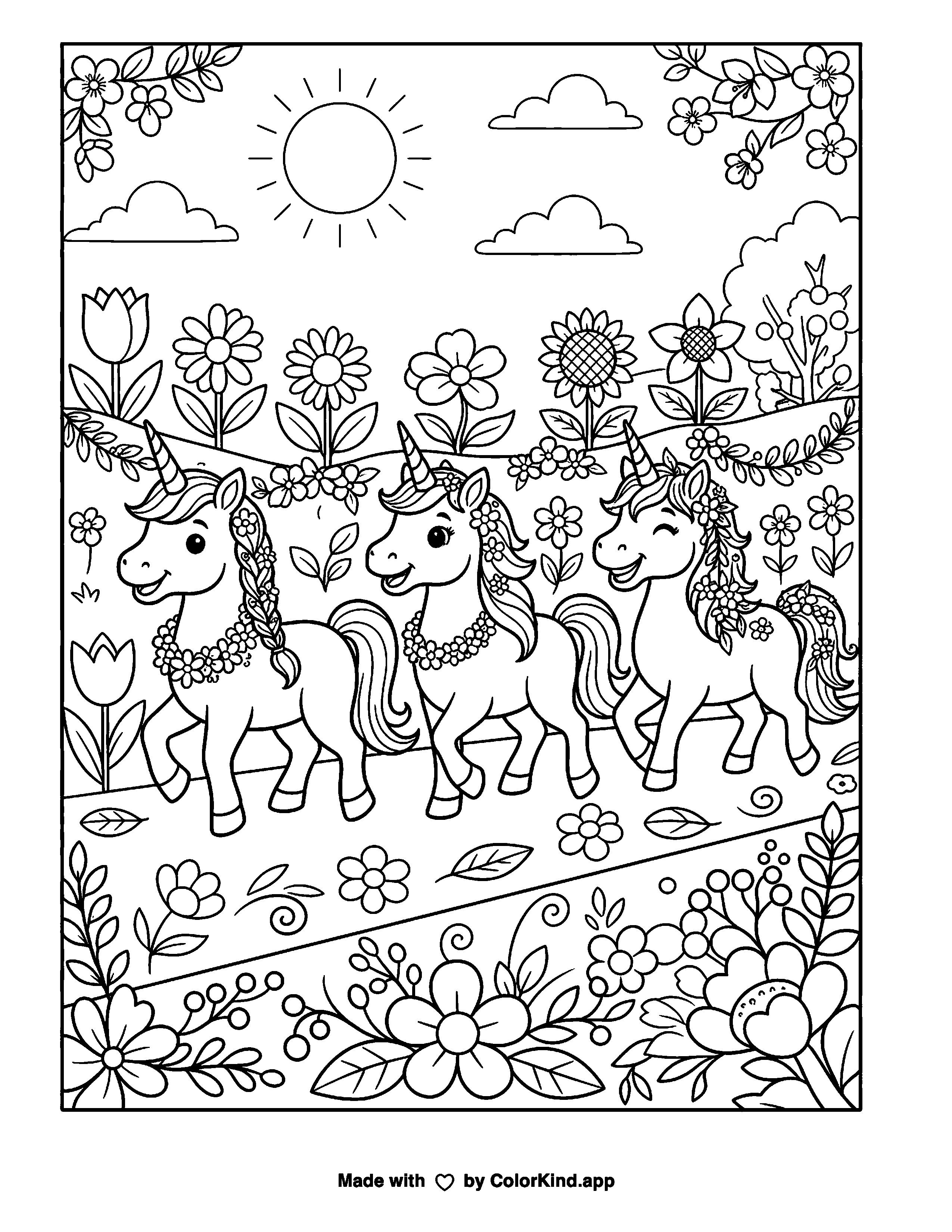 Unicorn Flower Parade as clean black-and-white printable line art made by ColorKind