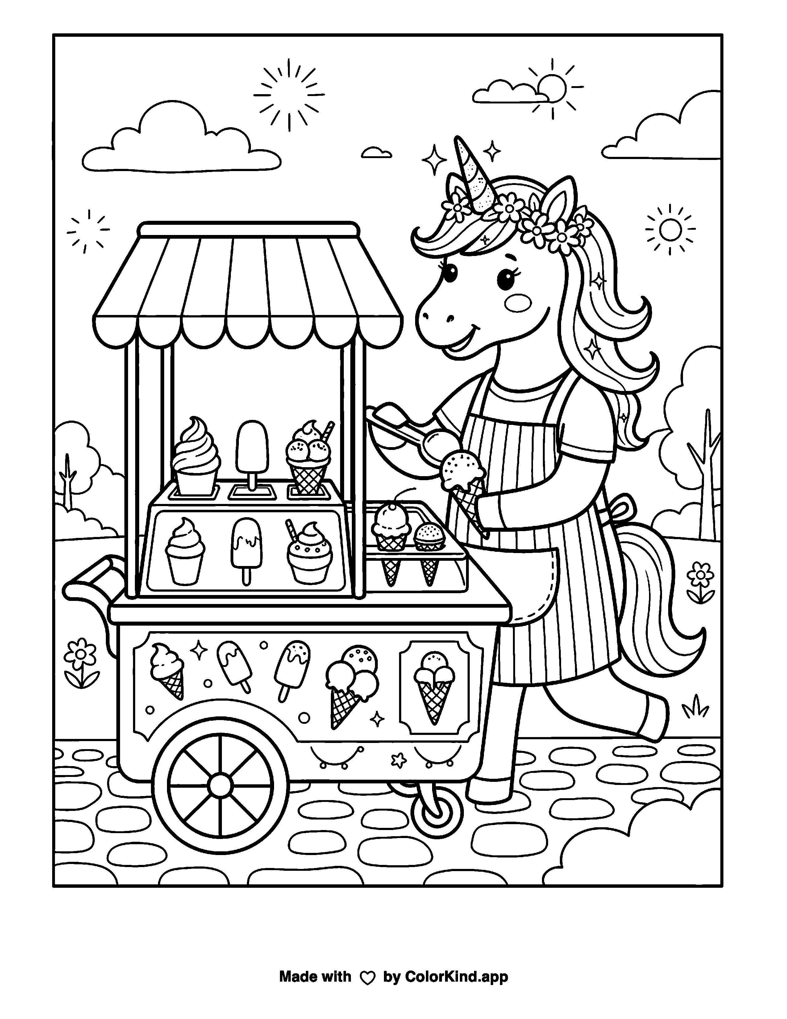 Unicorn Ice Cream Cart as clean black-and-white printable line art made by ColorKind