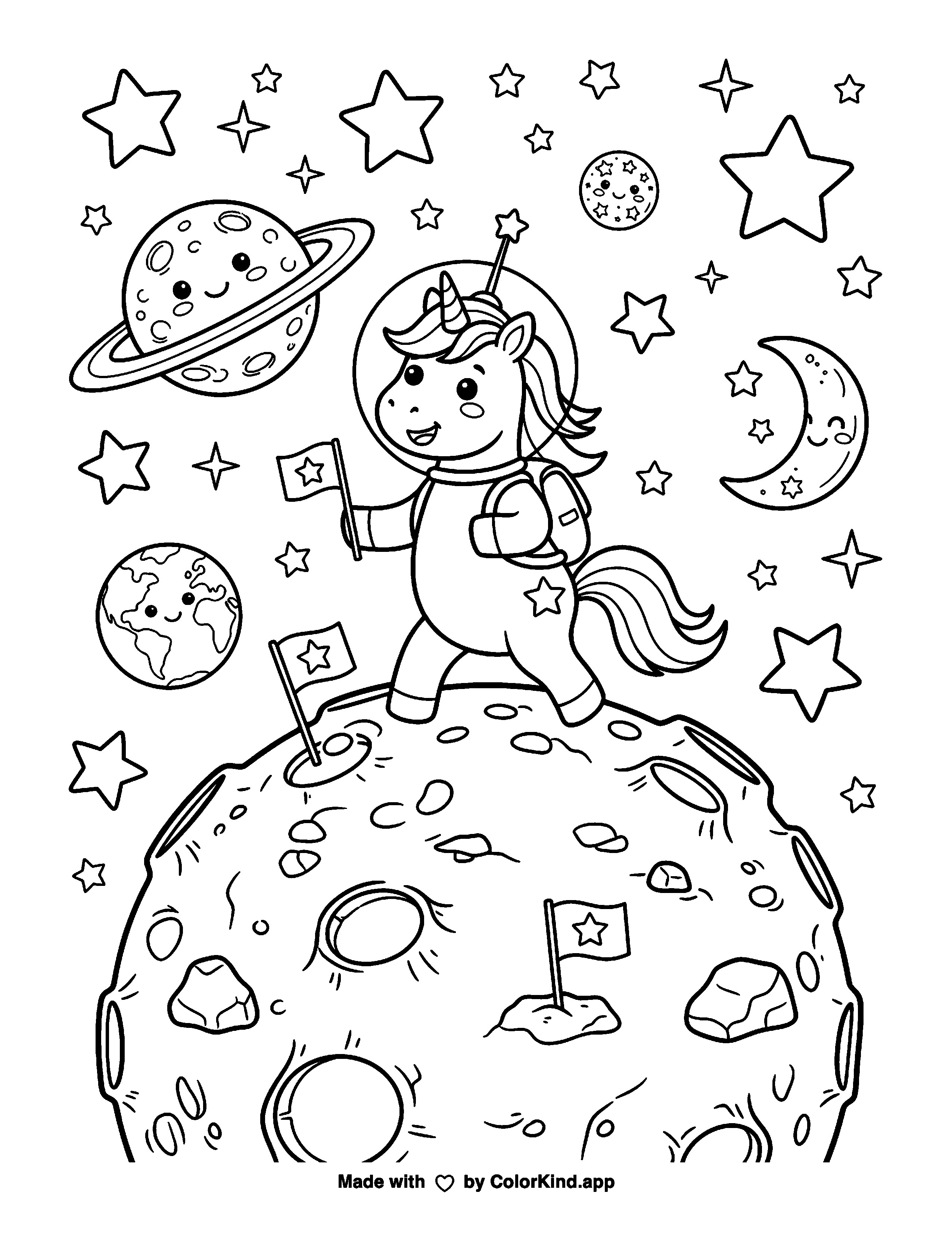 Unicorn Moon Adventure as clean black-and-white printable line art made by ColorKind