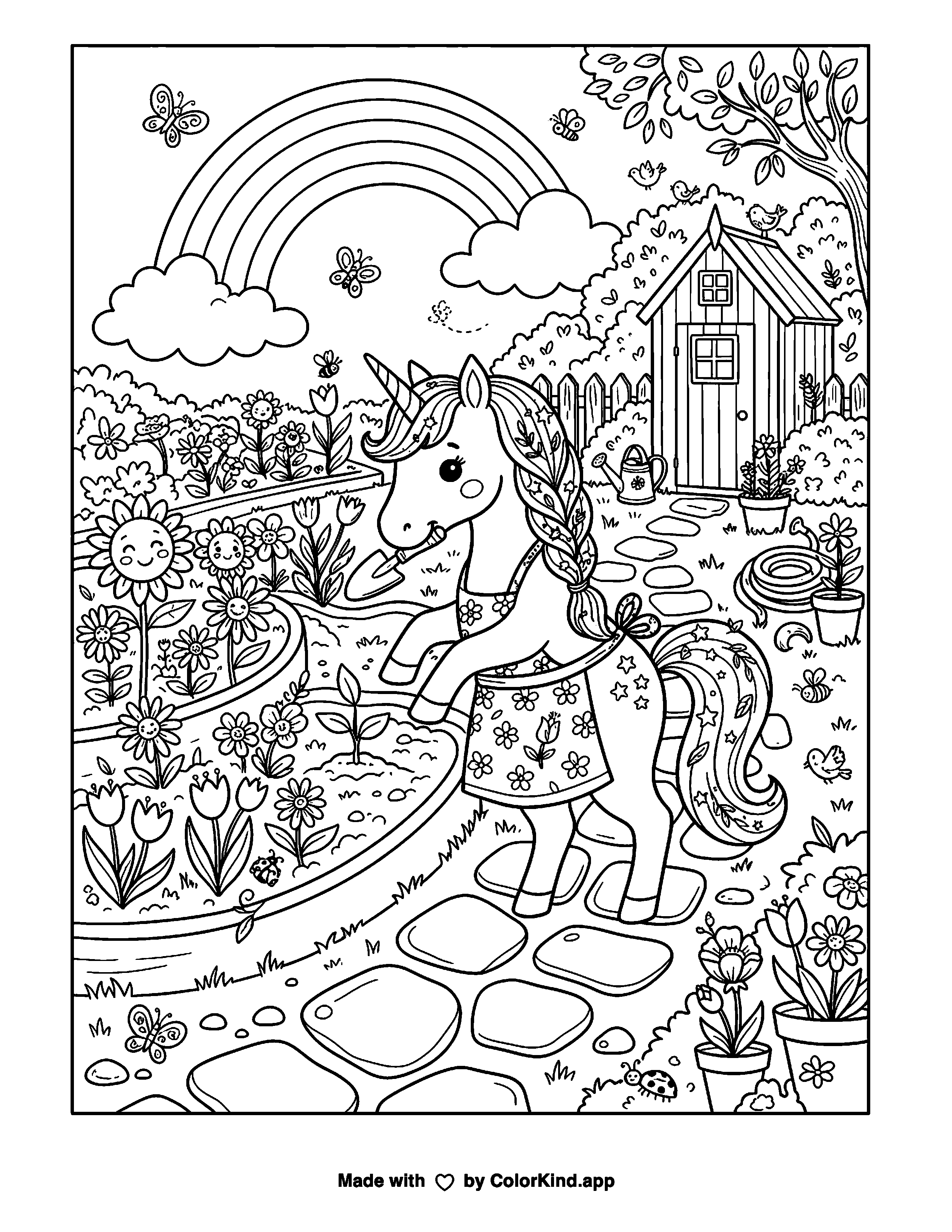 Unicorn Rainbow Garden as clean black-and-white printable line art made by ColorKind