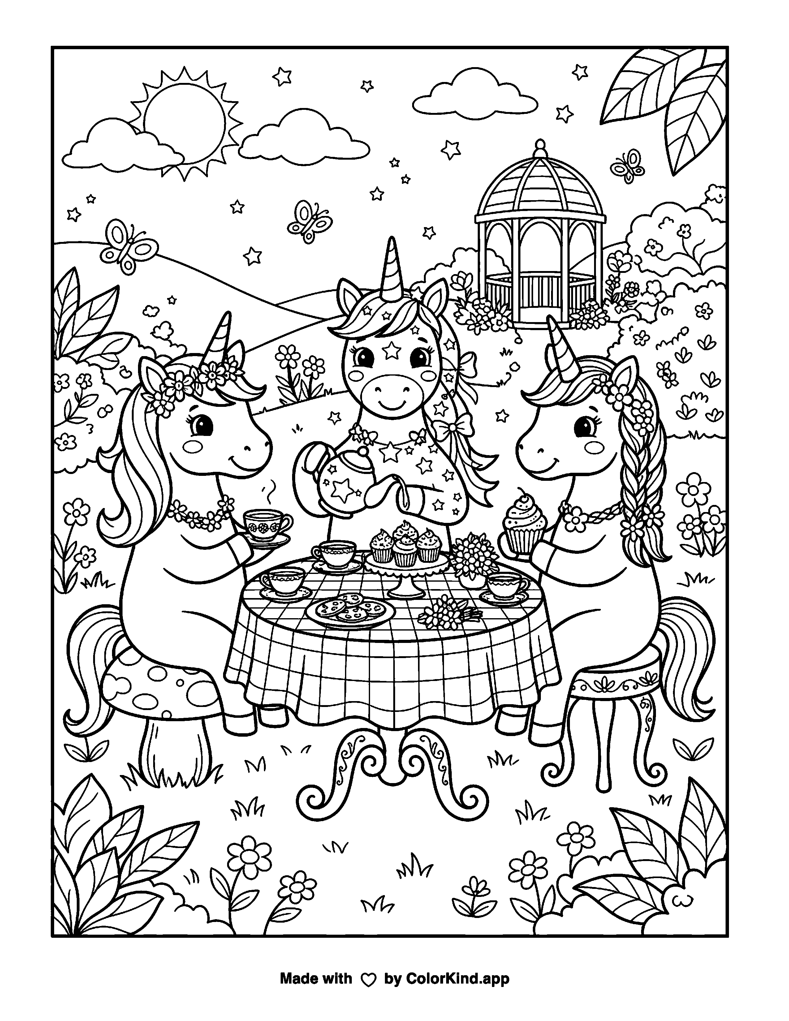 Unicorn Tea Party as clean black-and-white printable line art made by ColorKind