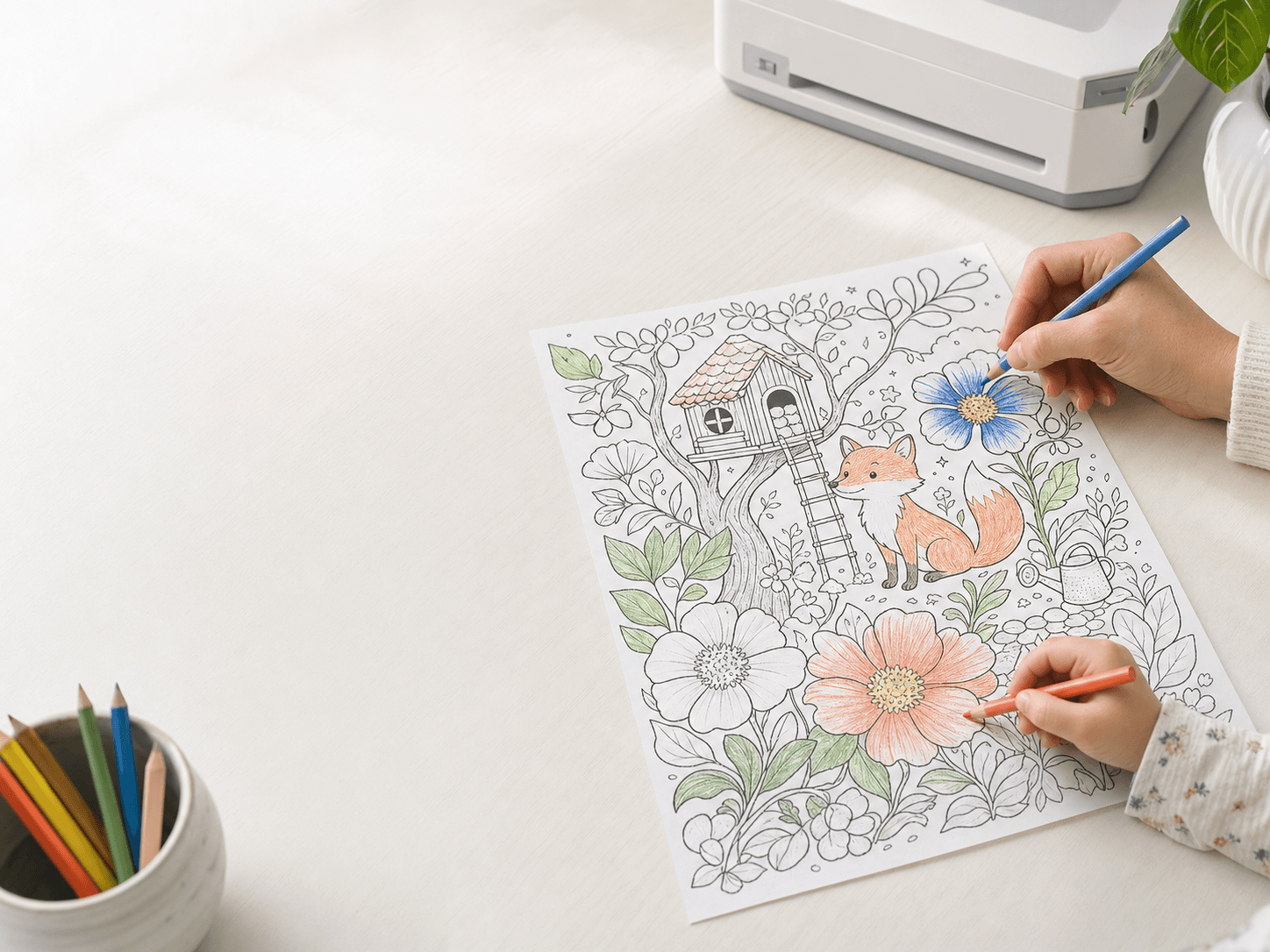 A parent and child coloring a personal ColorKind page together