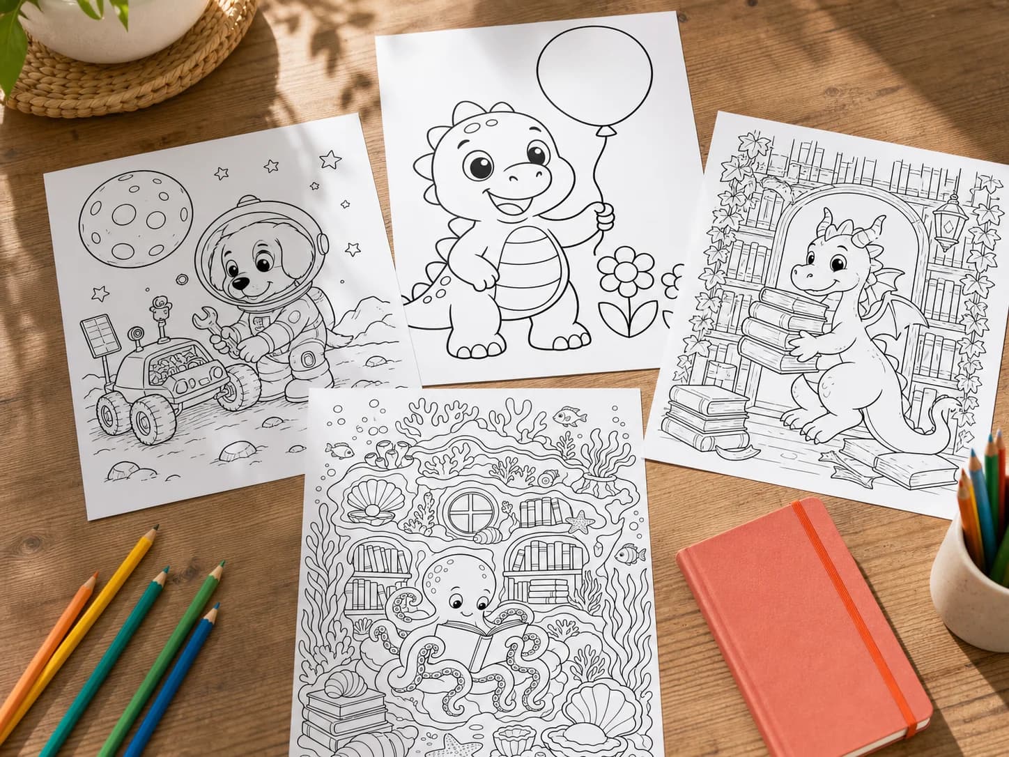 Four coloring pages arranged from broad simple shapes to detailed scenes
