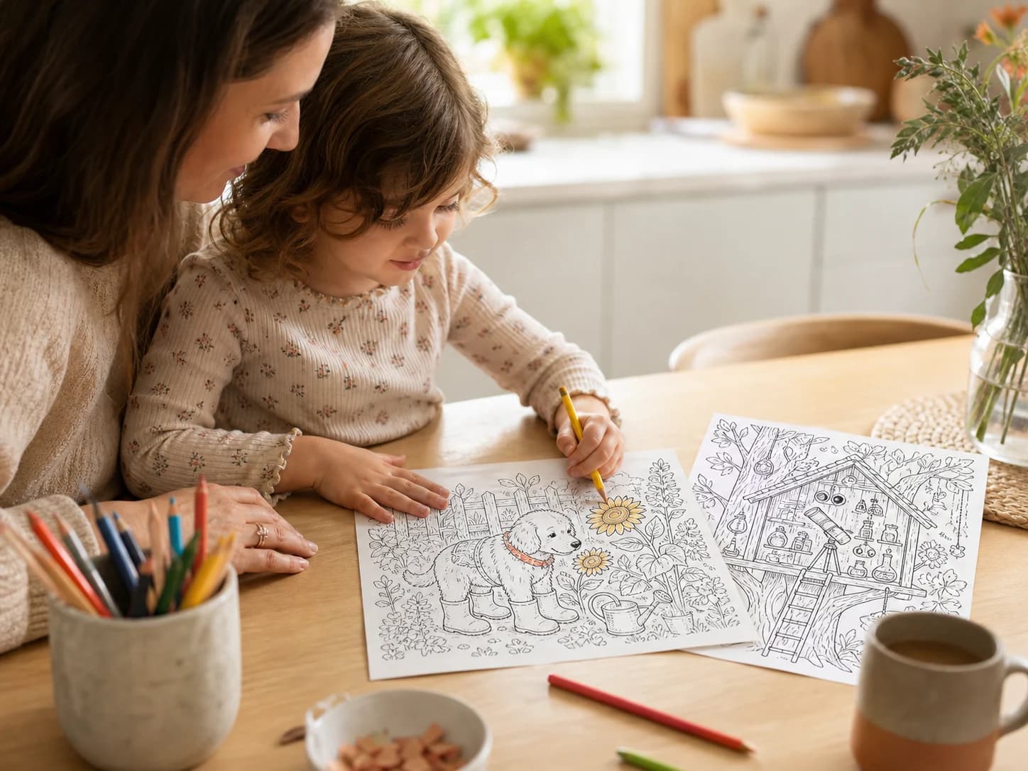 A parent and child coloring a personalized page of their dog in a garden