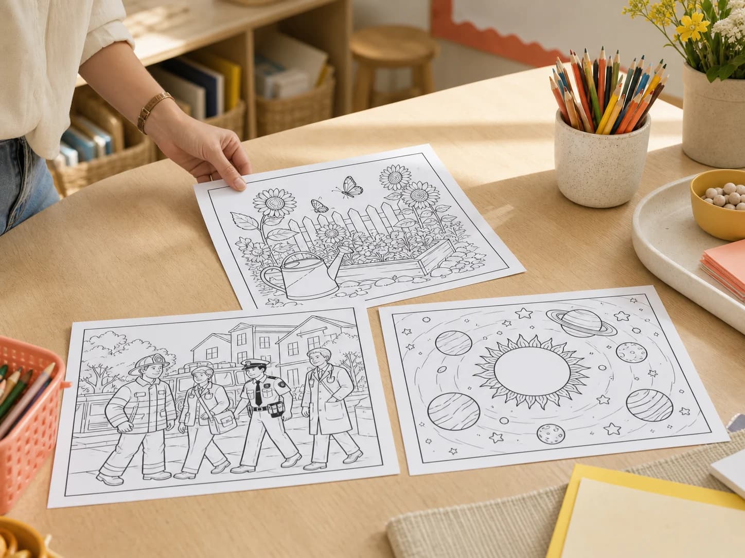 Three printable classroom coloring pages for nature, community helpers, and space
