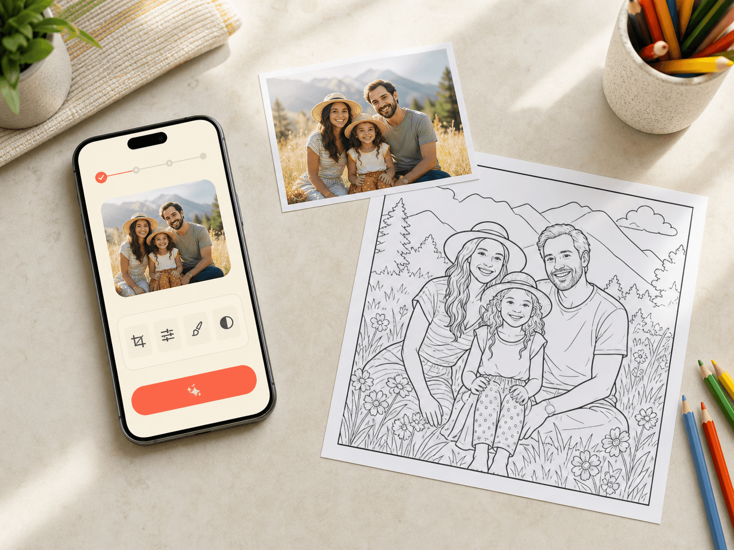 A family photo beside a phone and its matching printable ColorKind coloring page