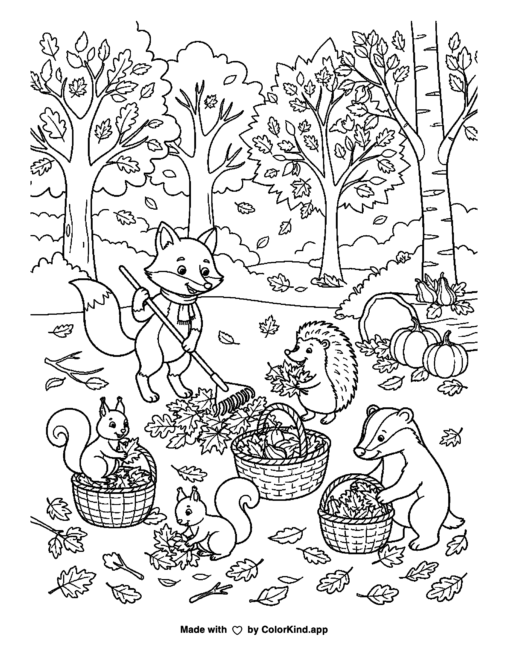 A print-ready ColorKind example of forest animals gathering autumn leaves
