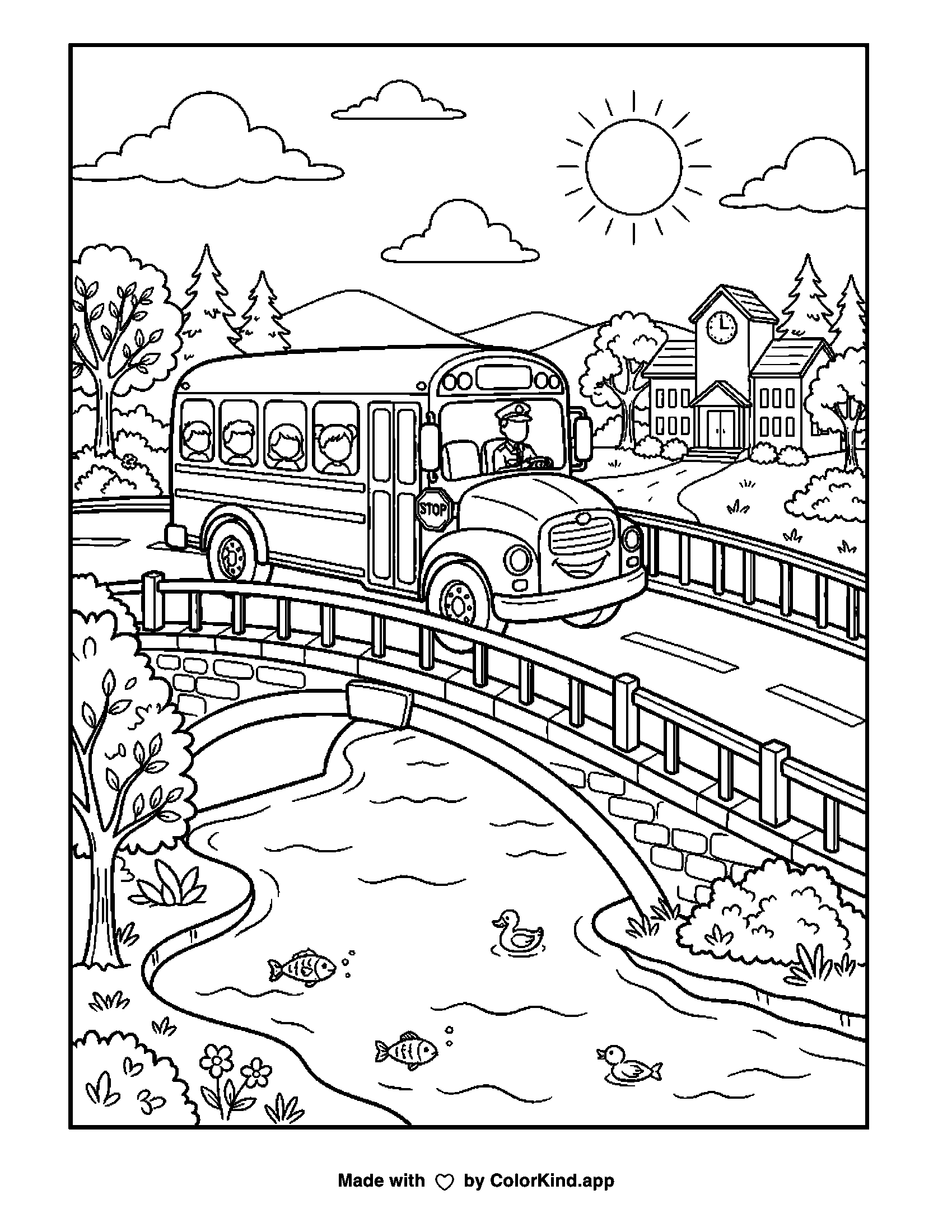 Printable coloring page of a school bus crossing a bridge toward a school