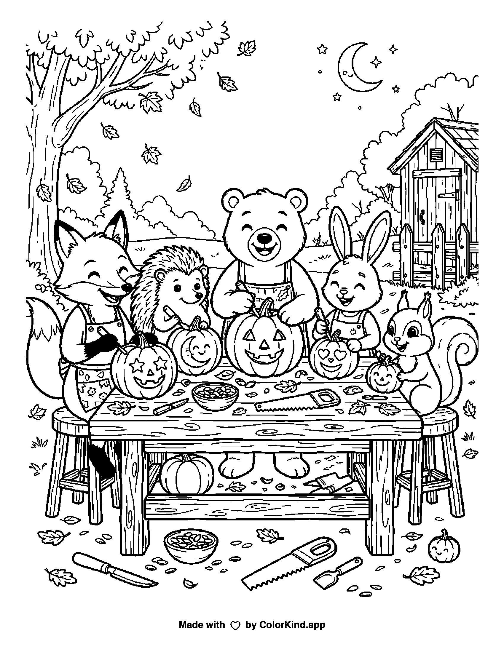 A print-ready ColorKind example of animals carving friendly pumpkins