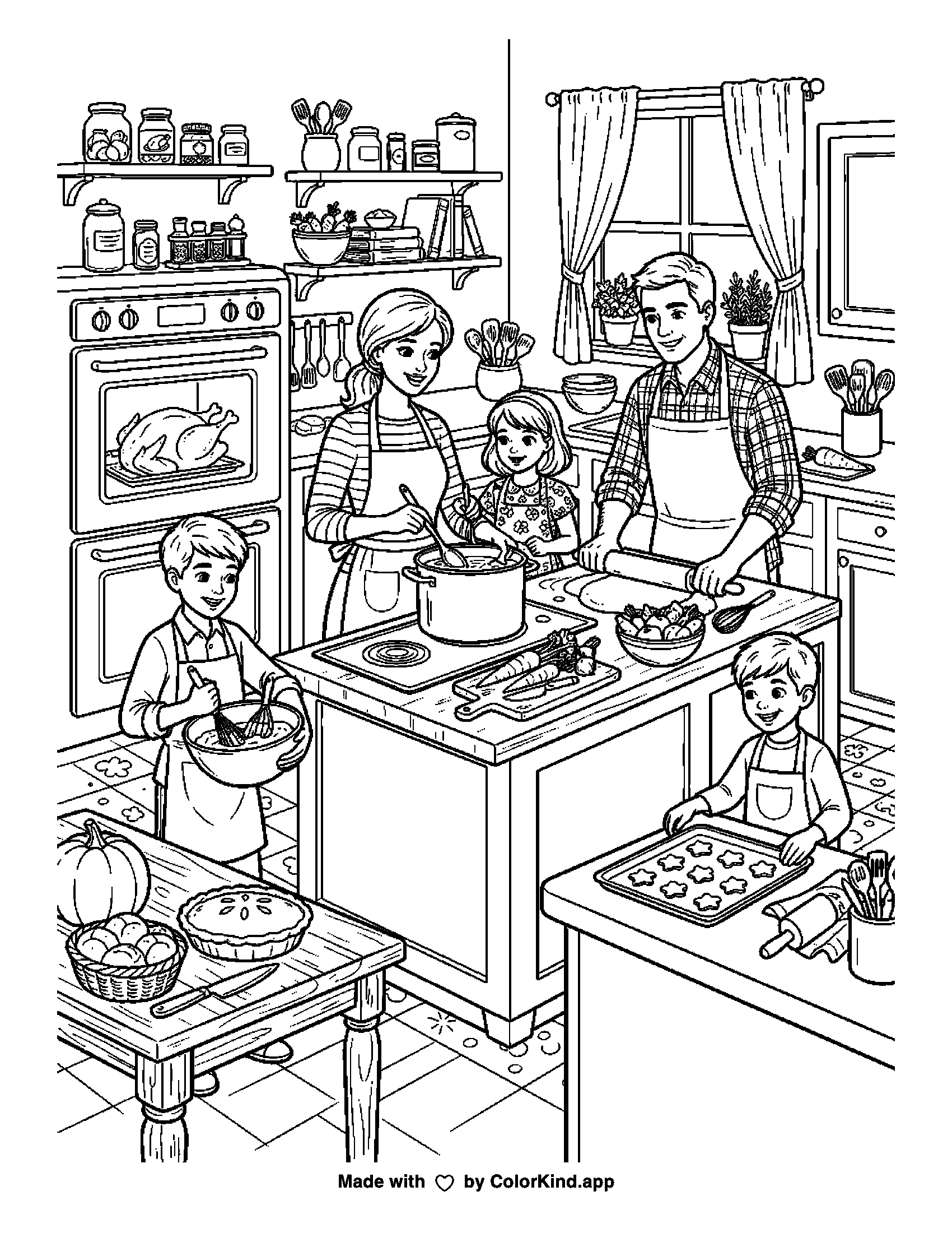 A print-ready ColorKind example of a family preparing a Thanksgiving meal