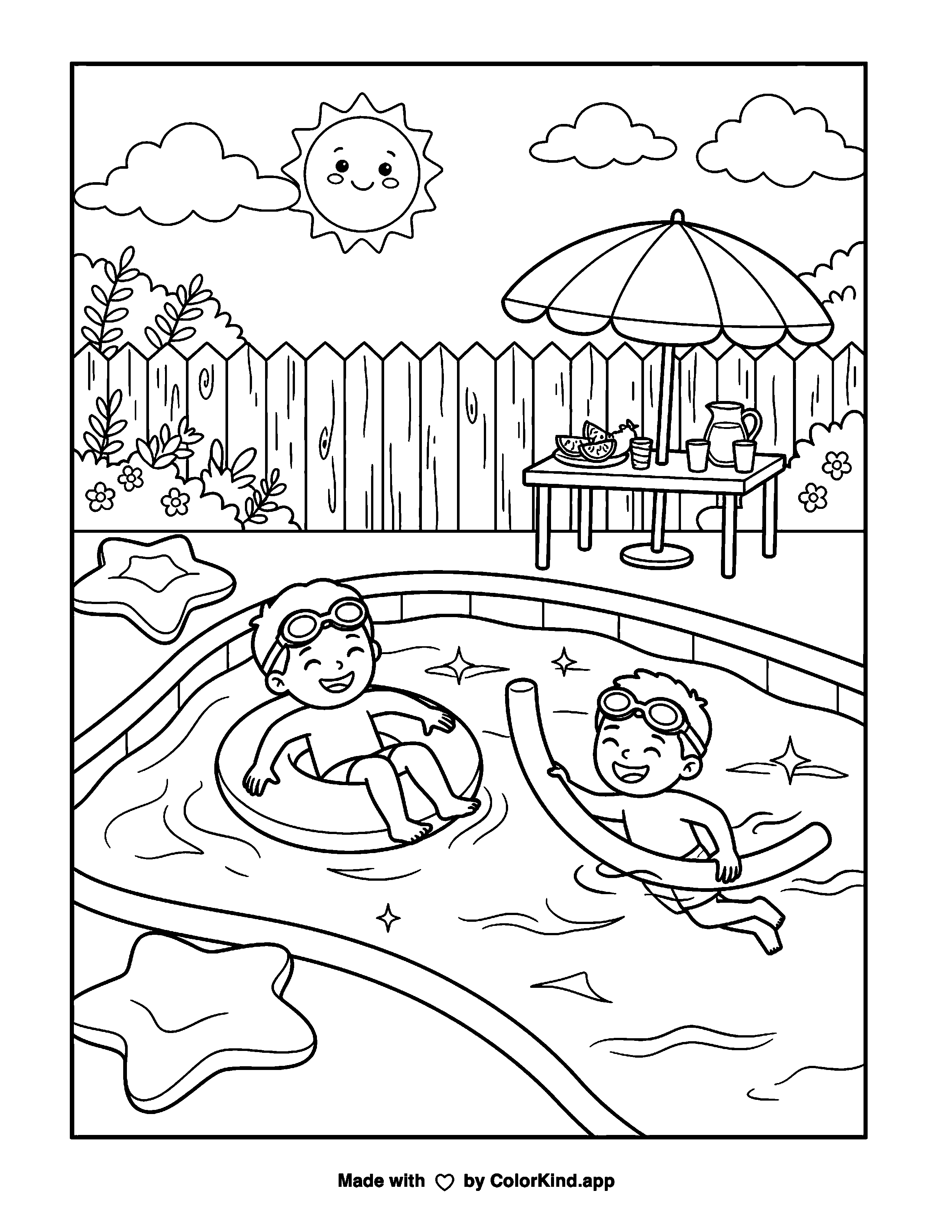 Backyard Pool Party Coloring Page as a free printable coloring page reviewed by ColorKind