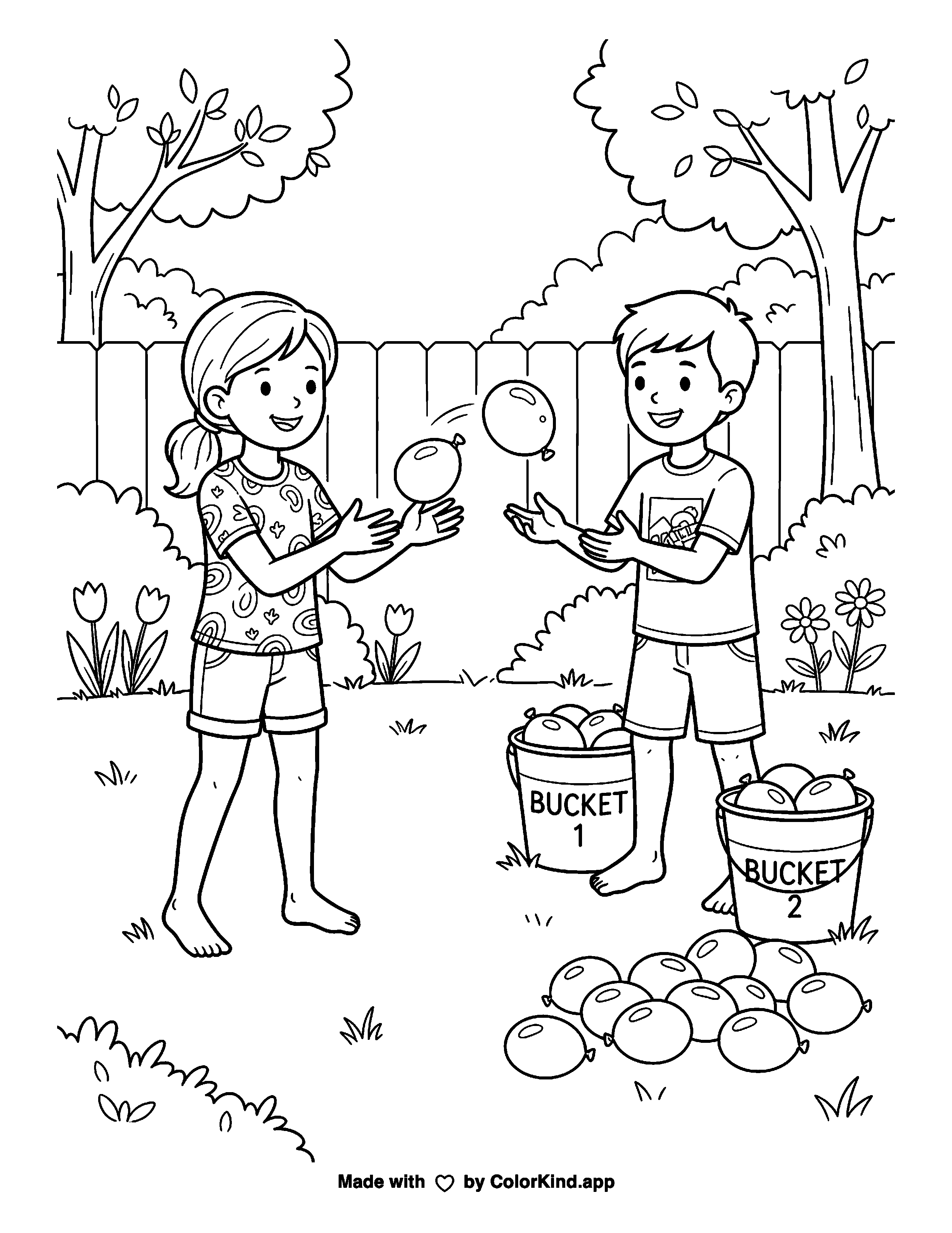 Backyard Water Balloon Toss as a free printable coloring page reviewed by ColorKind