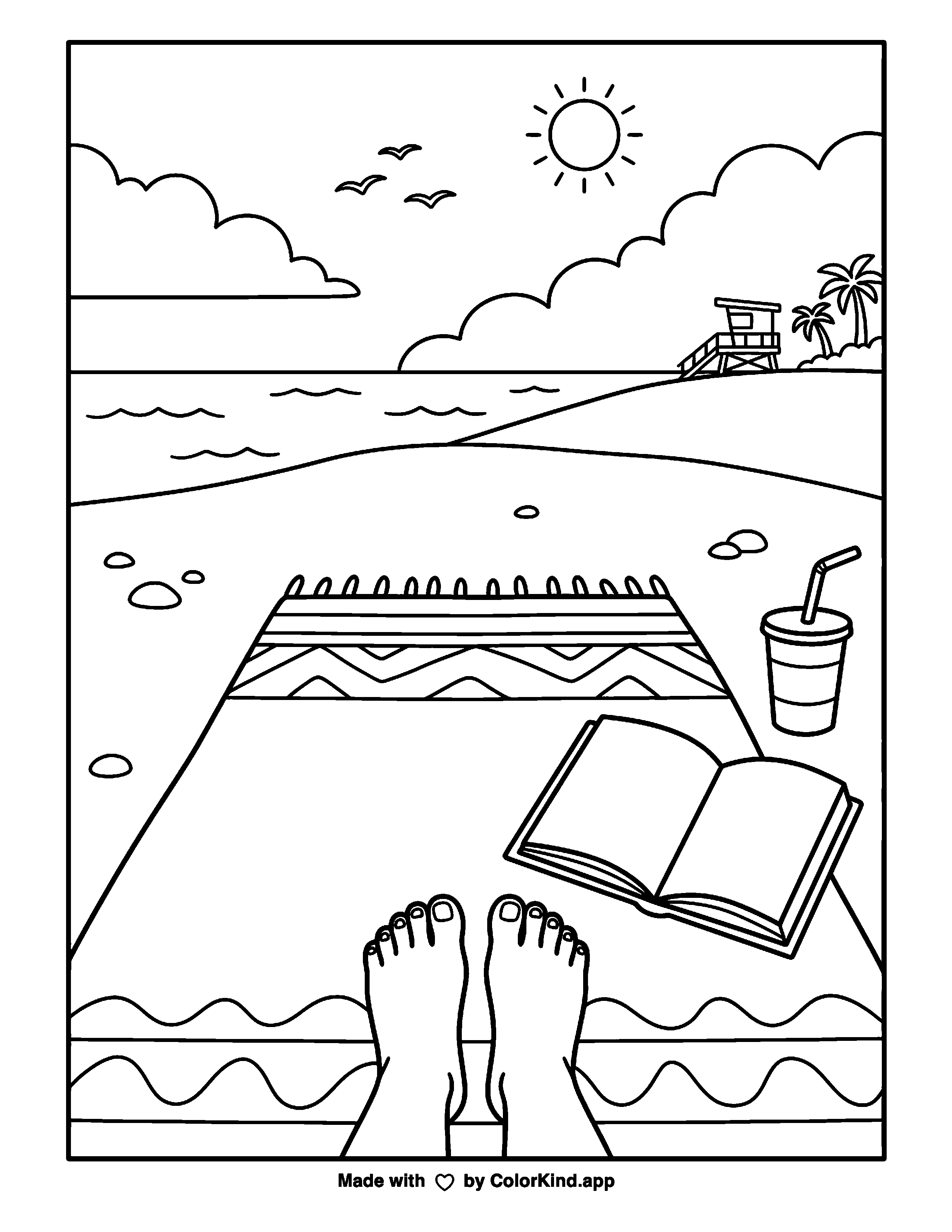 Beach Reading Relaxation as a free printable coloring page reviewed by ColorKind