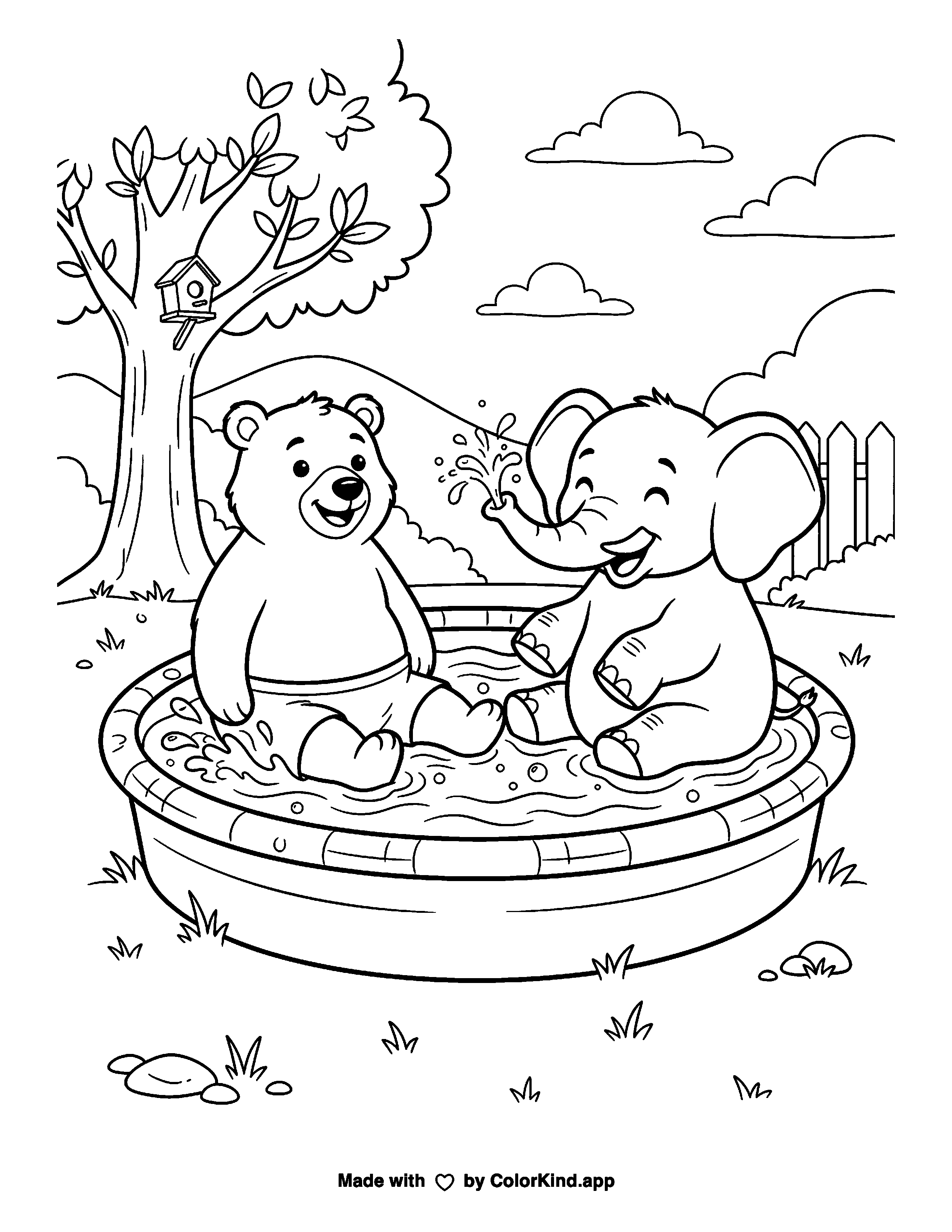 Bear and Elephant Splash Time as a free printable coloring page reviewed by ColorKind