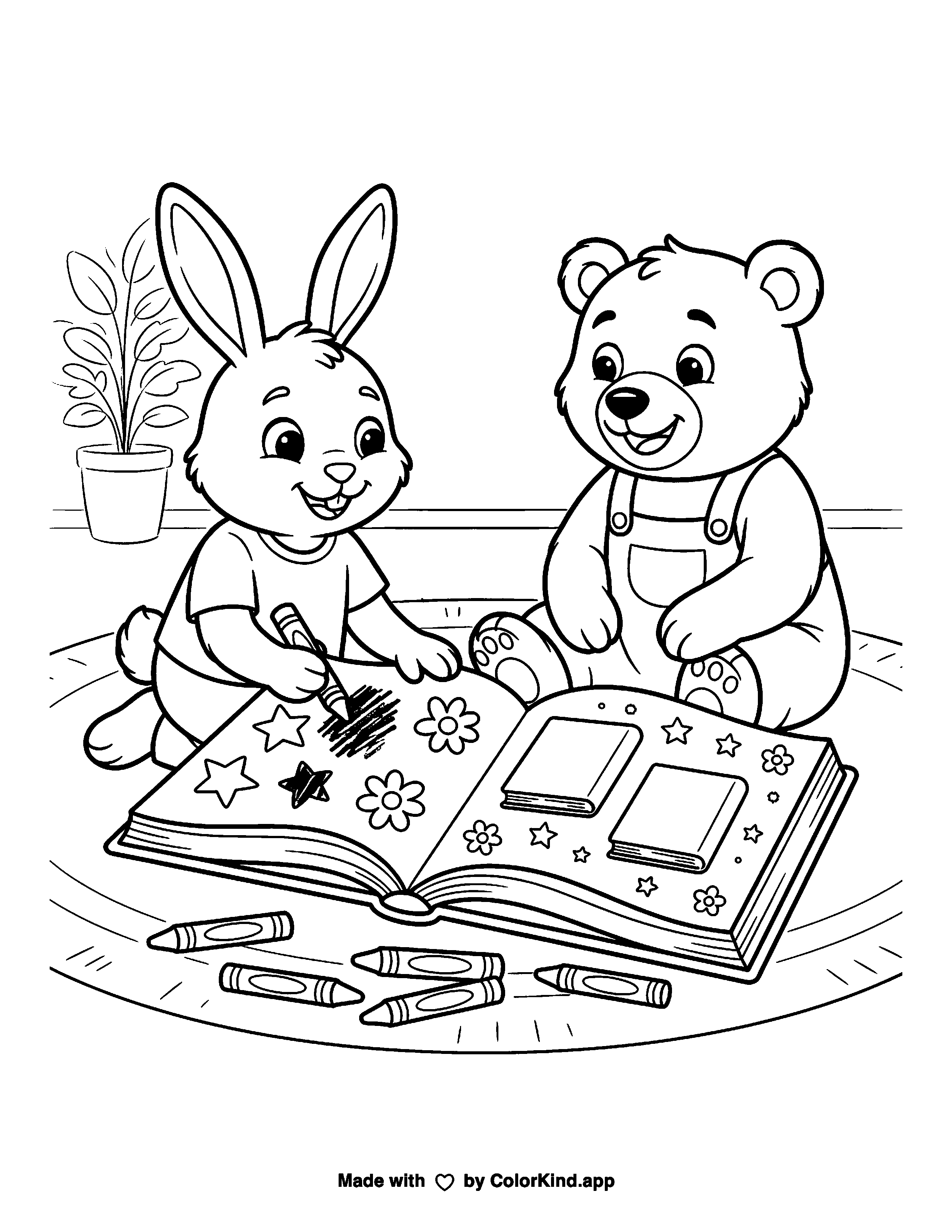Bear and Rabbit Scrapbooking Together as a free printable coloring page reviewed by ColorKind