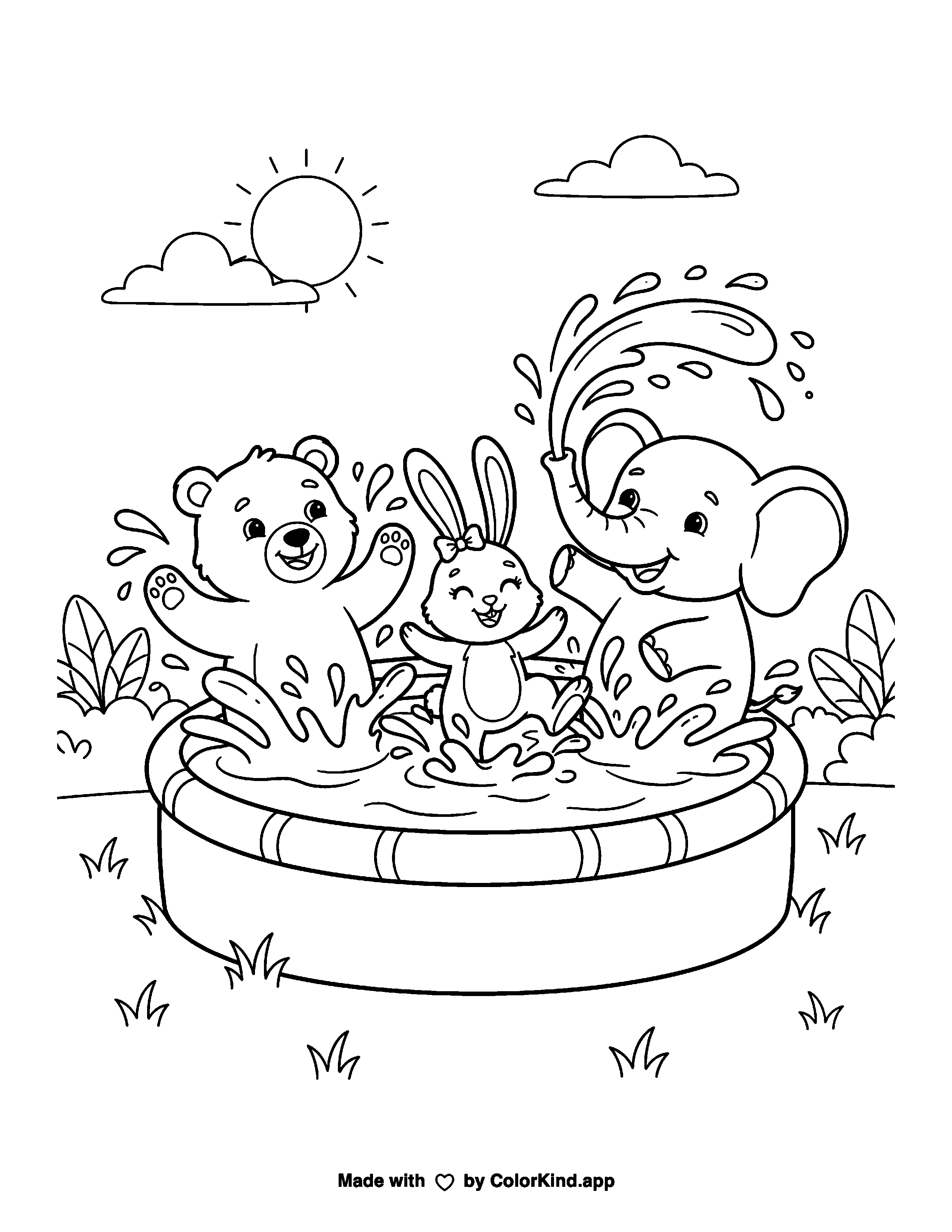Bear, Rabbit, and Elephant Splashing in a Pool as a free printable coloring page reviewed by ColorKind