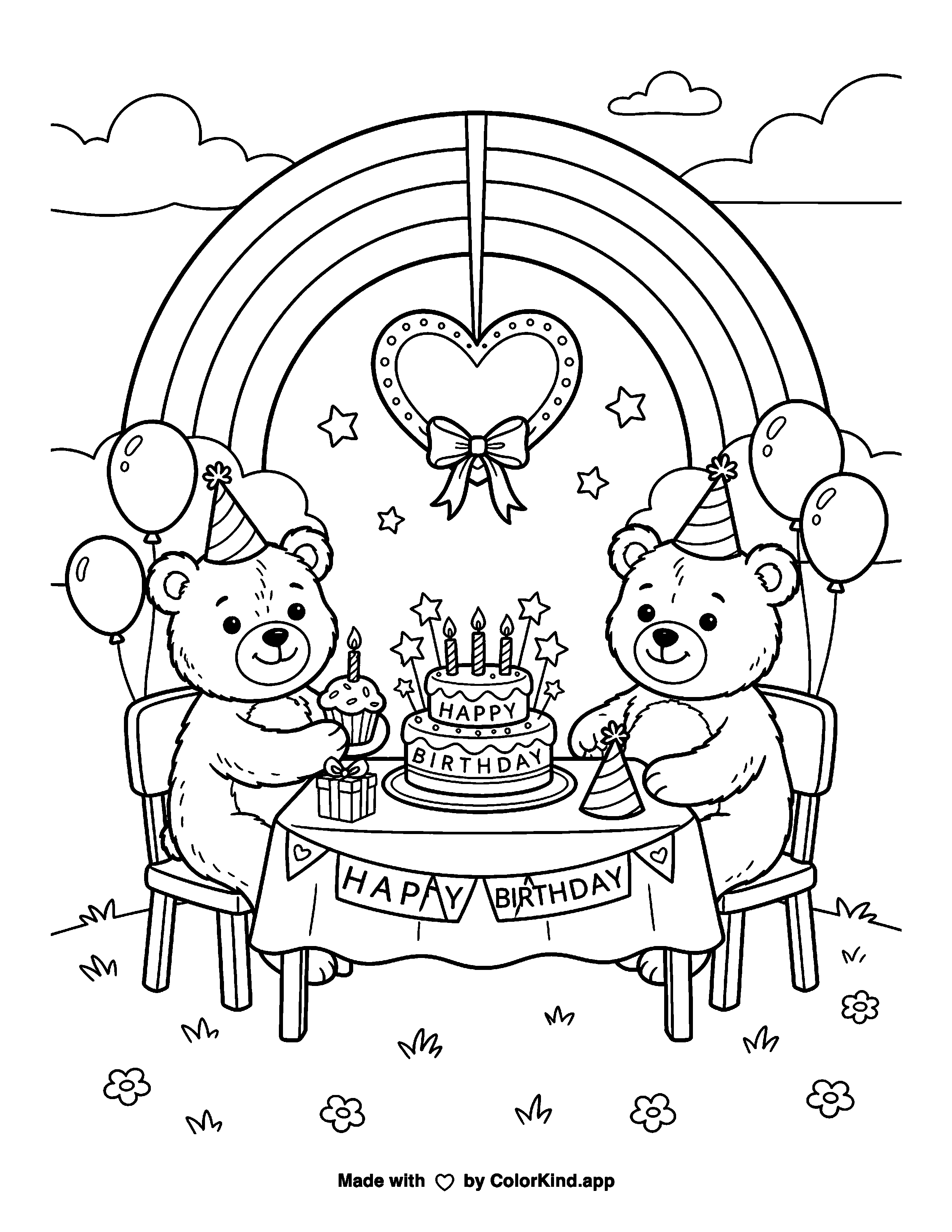 Birthday Bears Rainbow and Heart Coloring Page as a free printable coloring page reviewed by ColorKind
