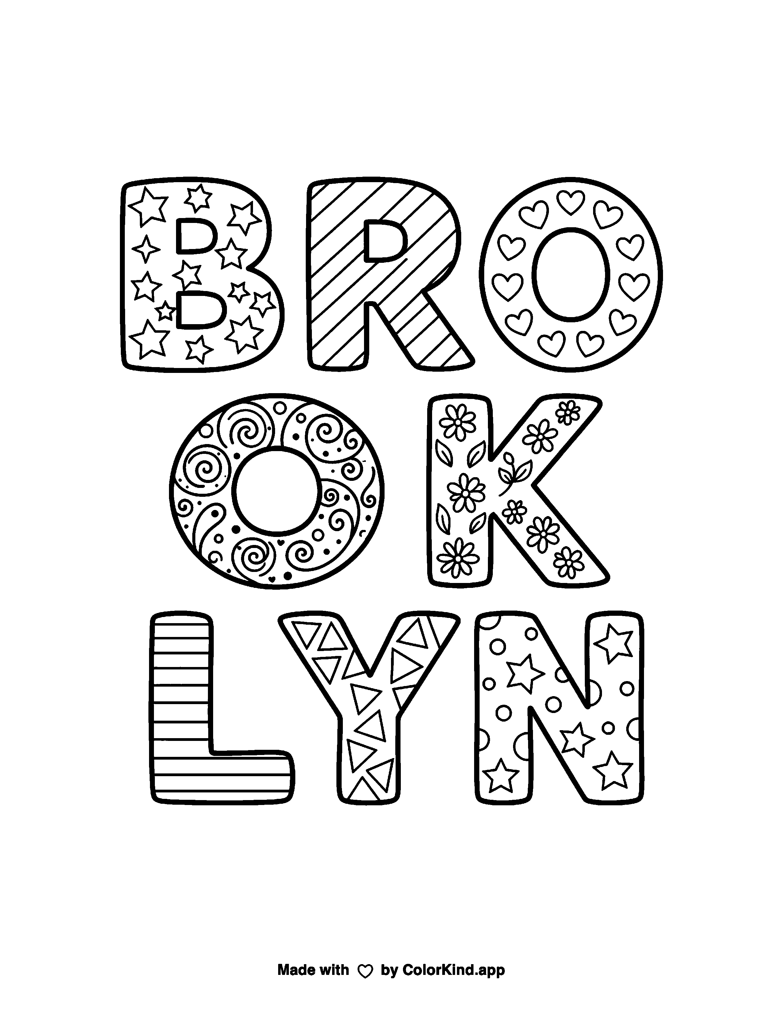Brooklyn Block Letter Coloring Page as a free printable coloring page reviewed by ColorKind