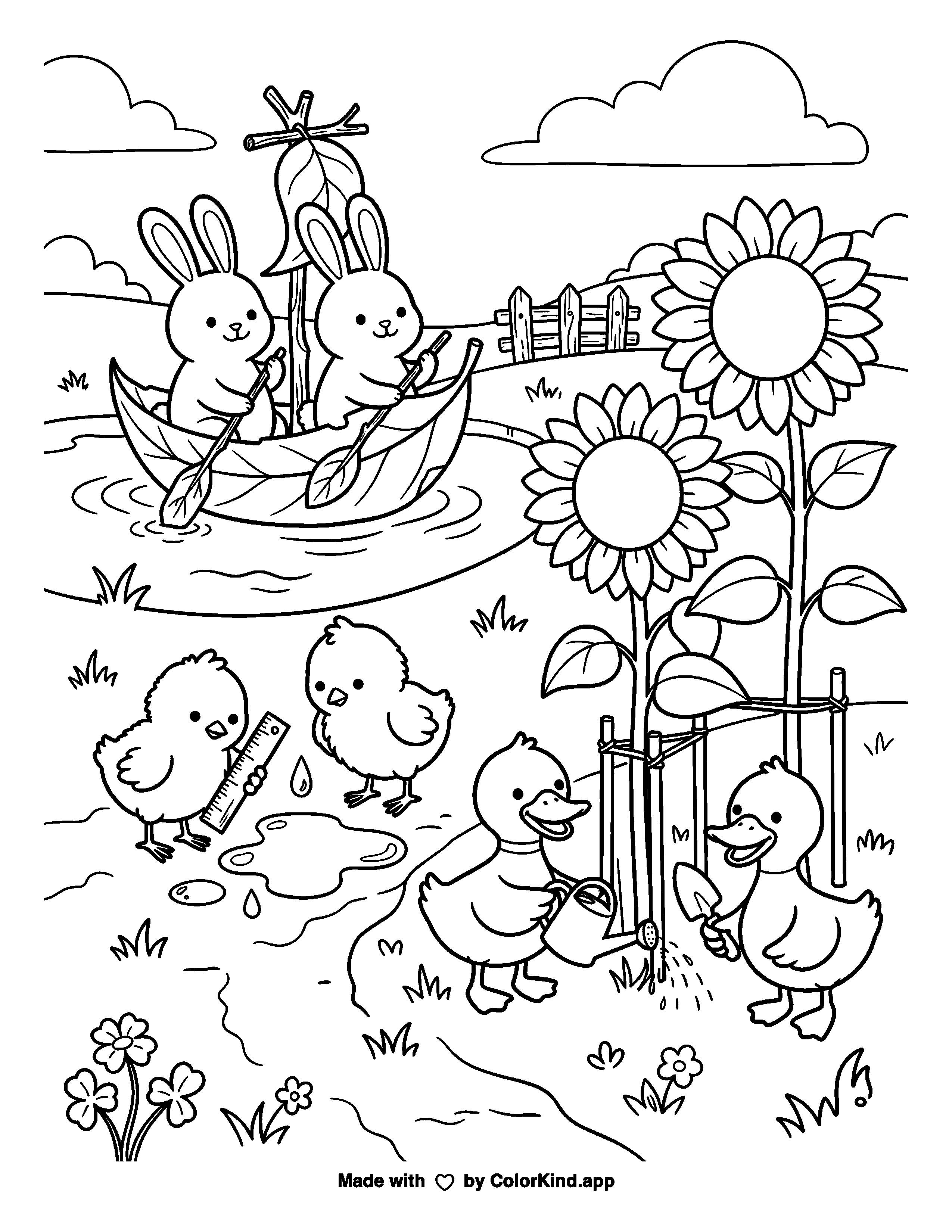 Bunnies and Chicks in a Garden Pond as a free printable coloring page reviewed by ColorKind