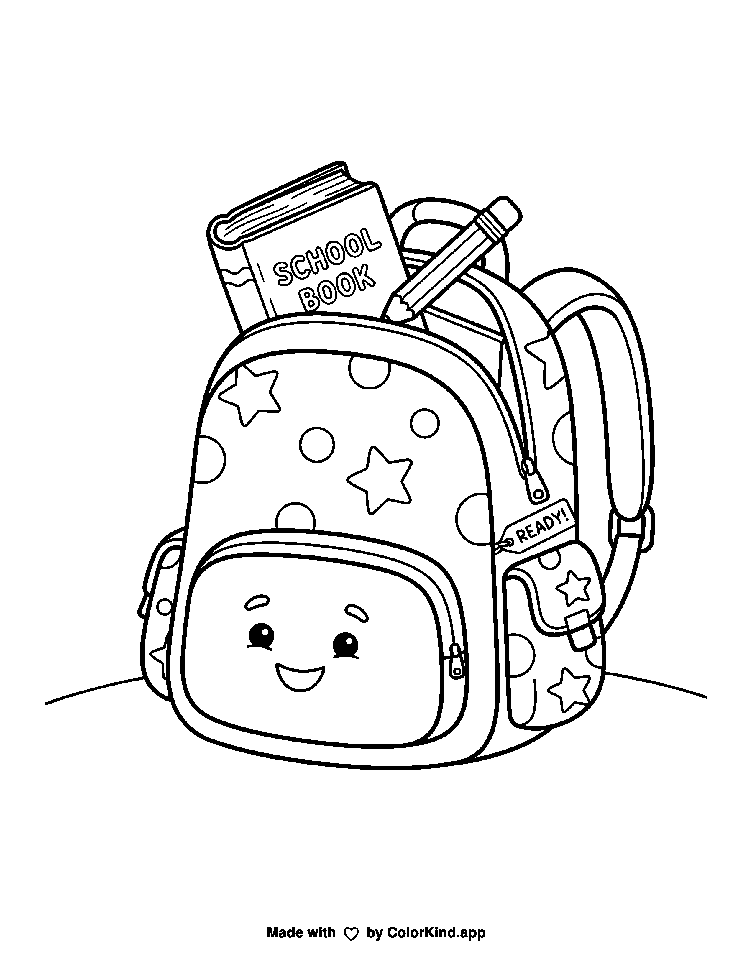 Cheerful Backpack with School Supplies as a free printable coloring page reviewed by ColorKind