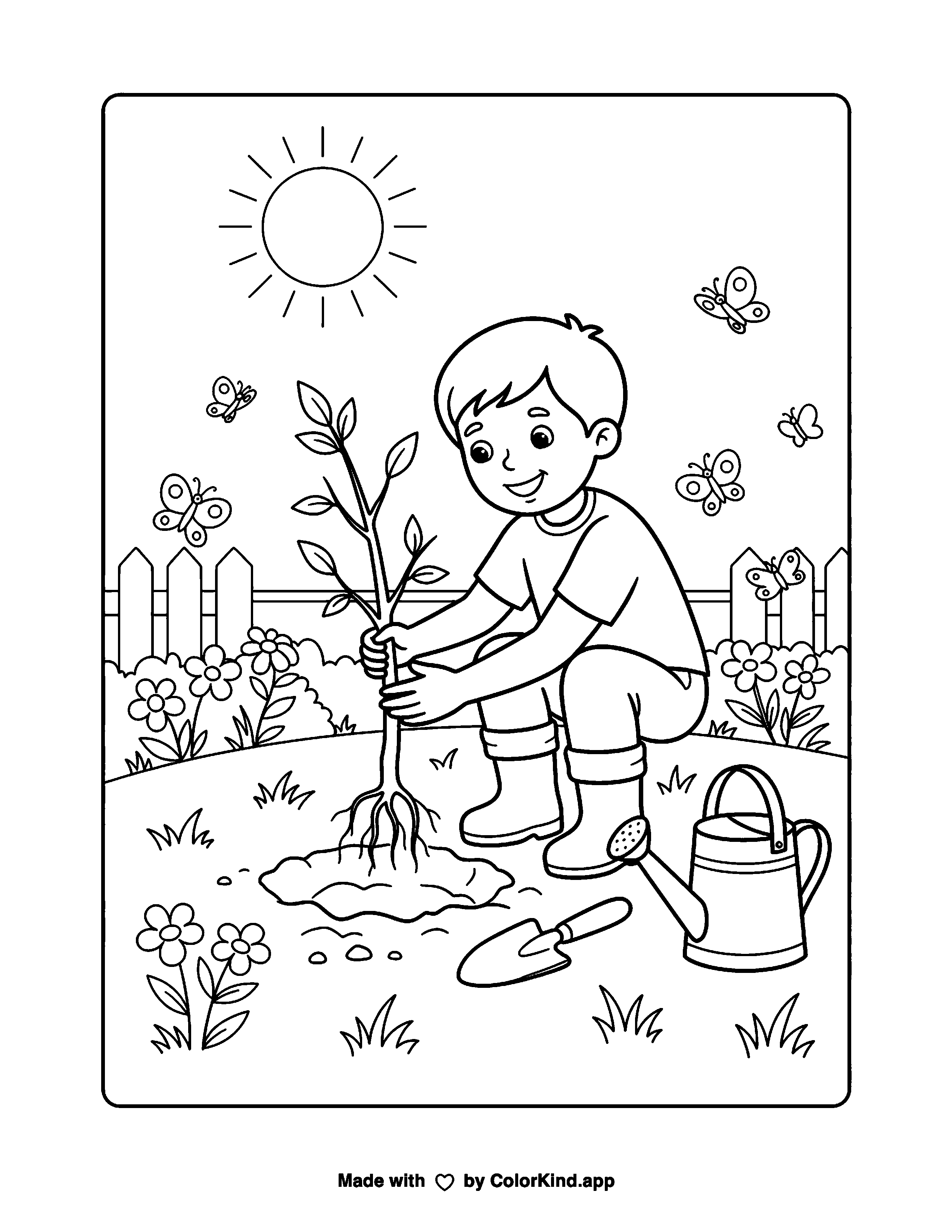 Child Planting a Tree in the Garden as a free printable coloring page reviewed by ColorKind