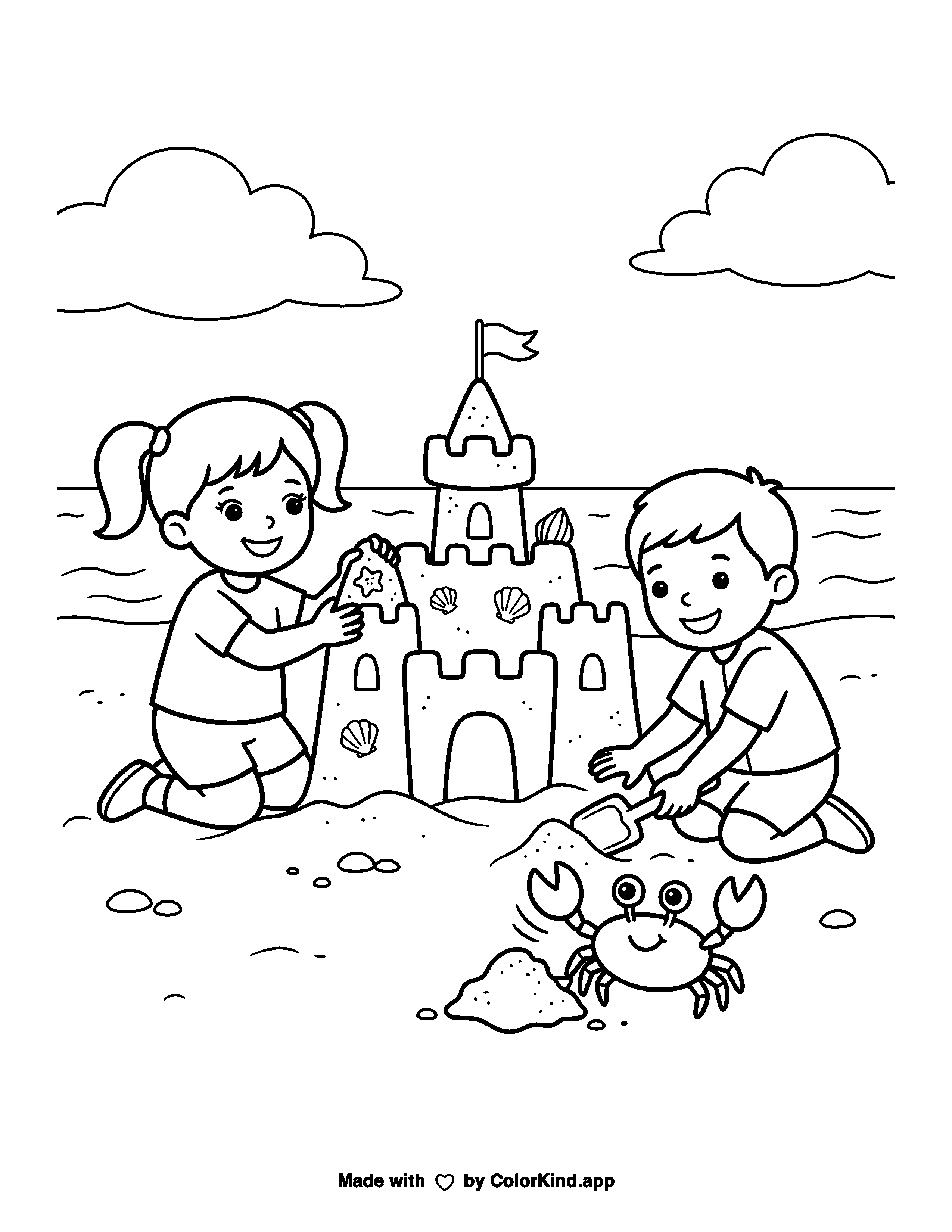 Children and Crab Building a Sandcastle as a free printable coloring page reviewed by ColorKind