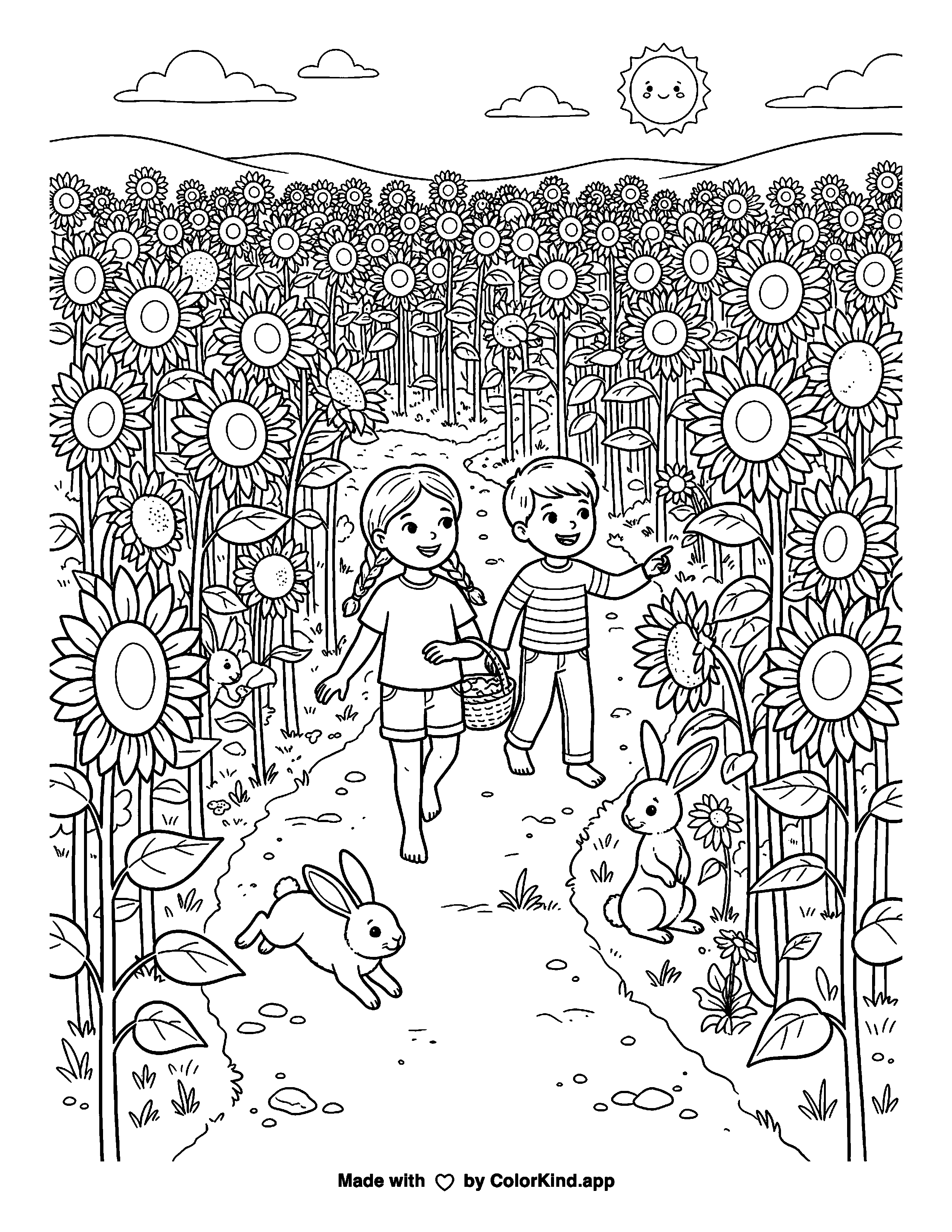 Children and Rabbits in a Sunflower Maze as a free printable coloring page reviewed by ColorKind
