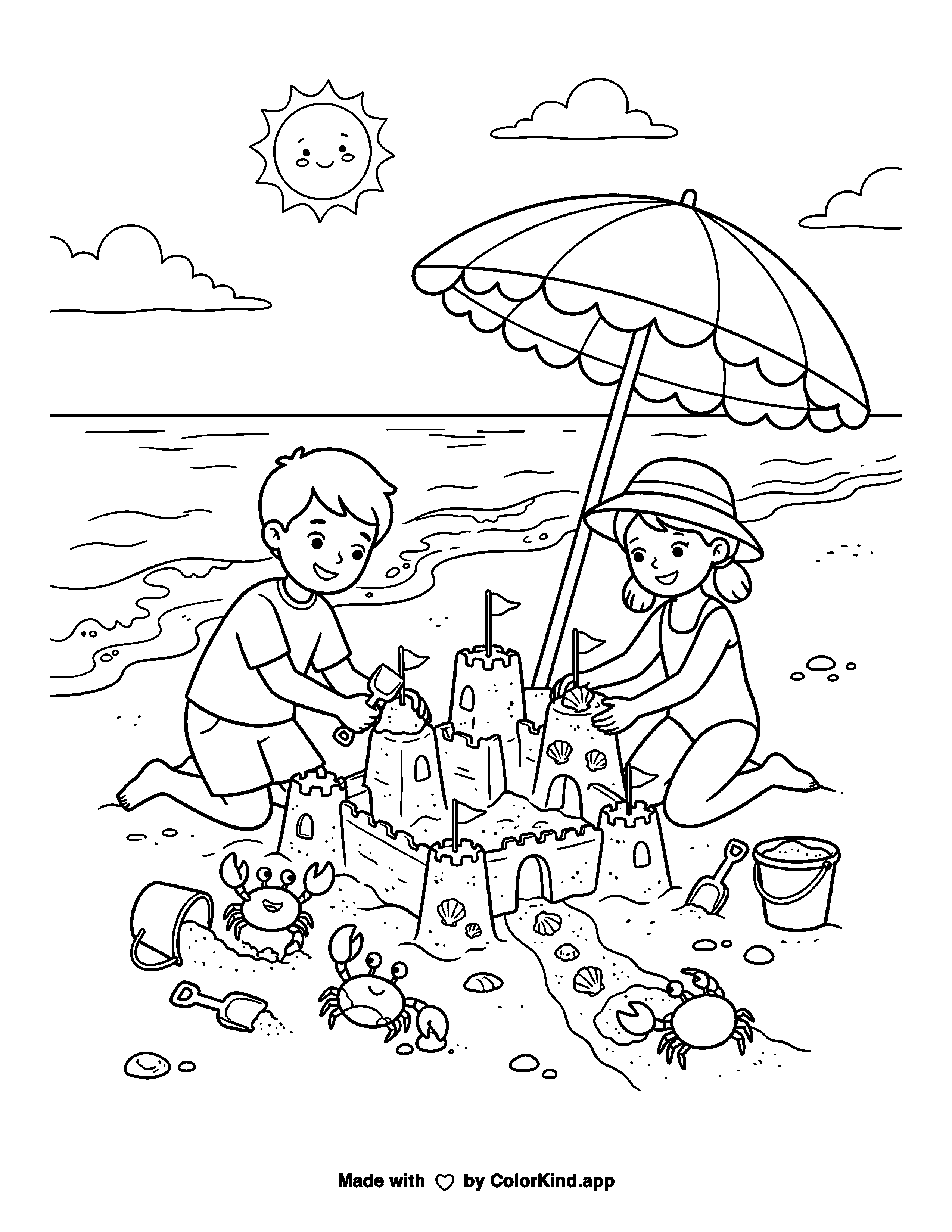 Children Building a Sandcastle Village as a free printable coloring page reviewed by ColorKind