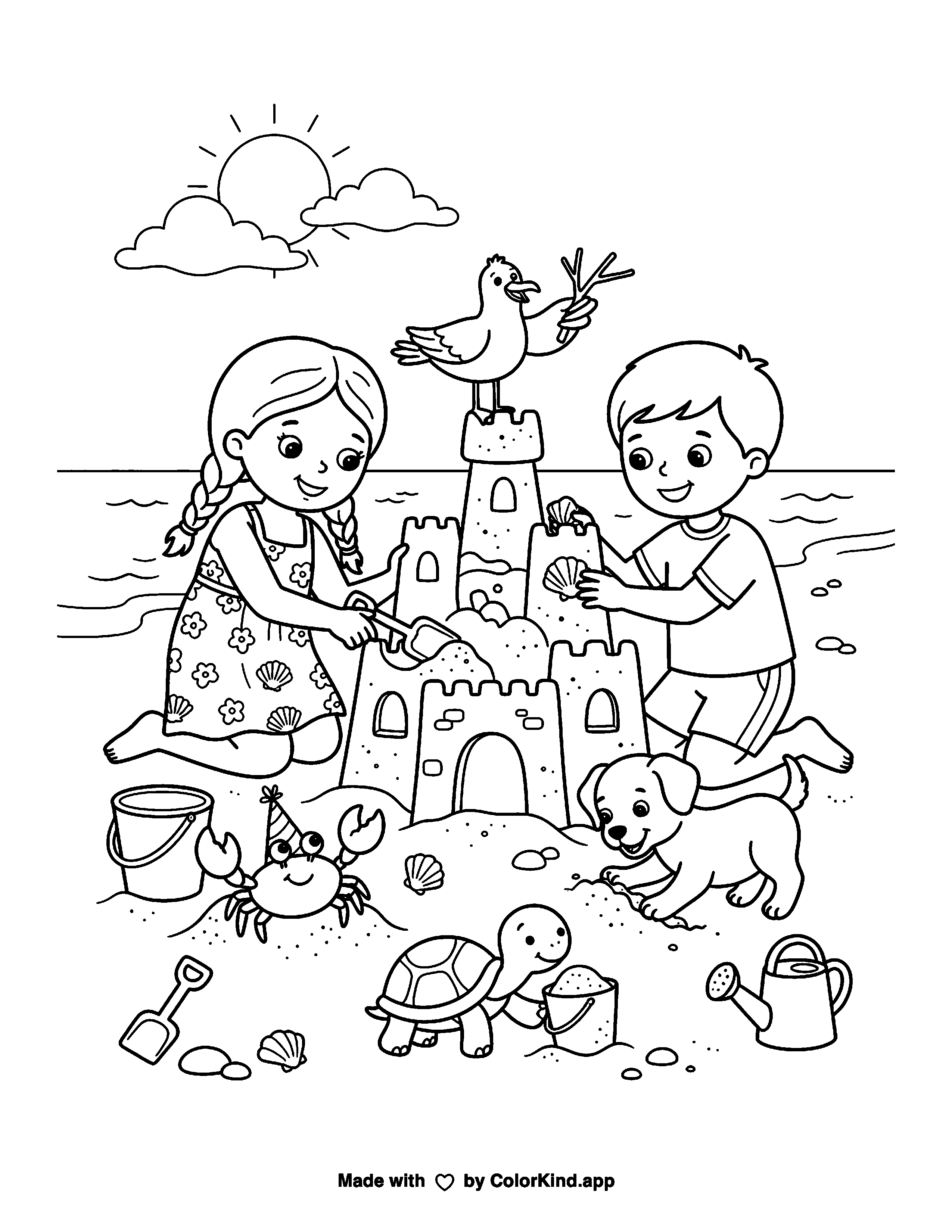 Children Building a Sandcastle with Friendly Animals as a free printable coloring page reviewed by ColorKind