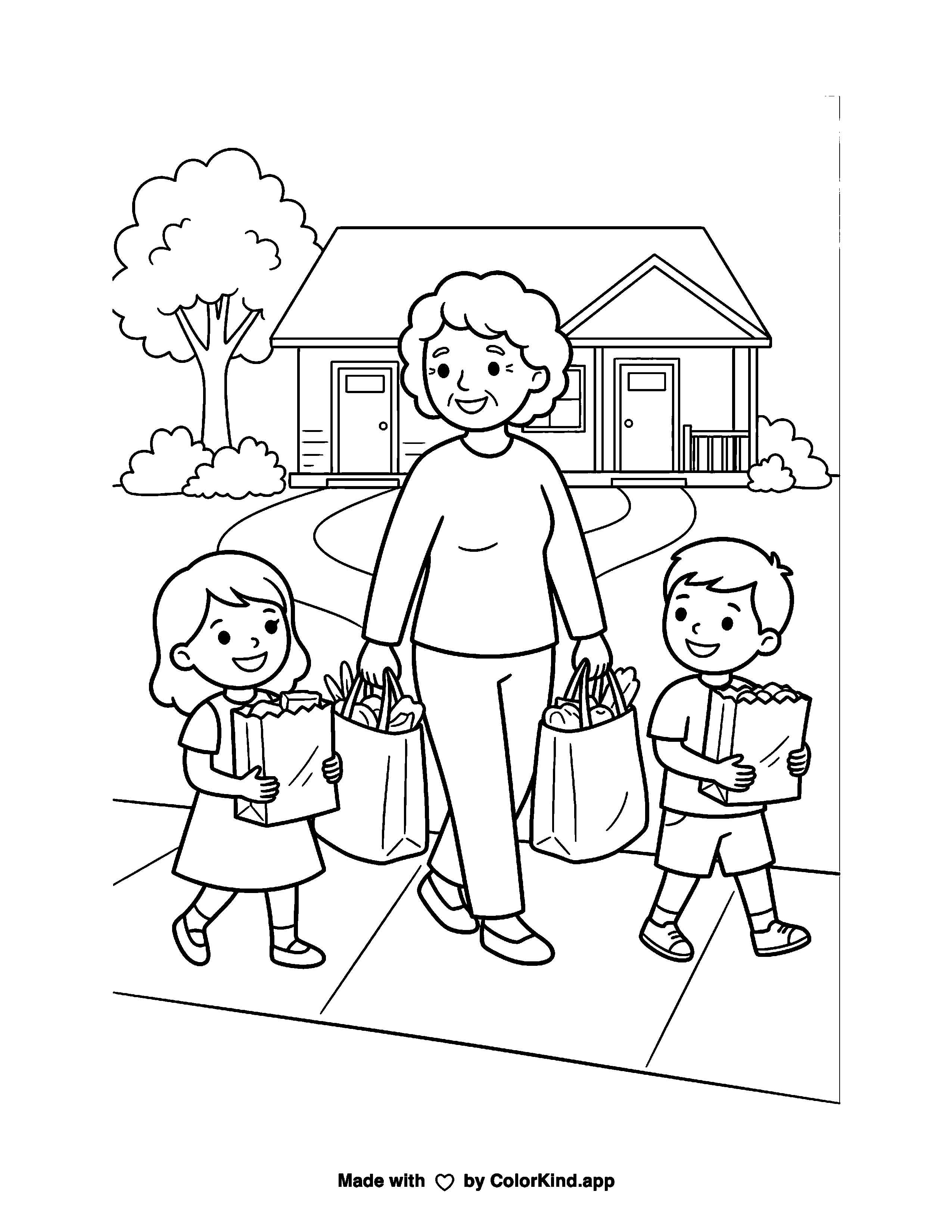 Children Helping Carry Groceries as a free printable coloring page reviewed by ColorKind