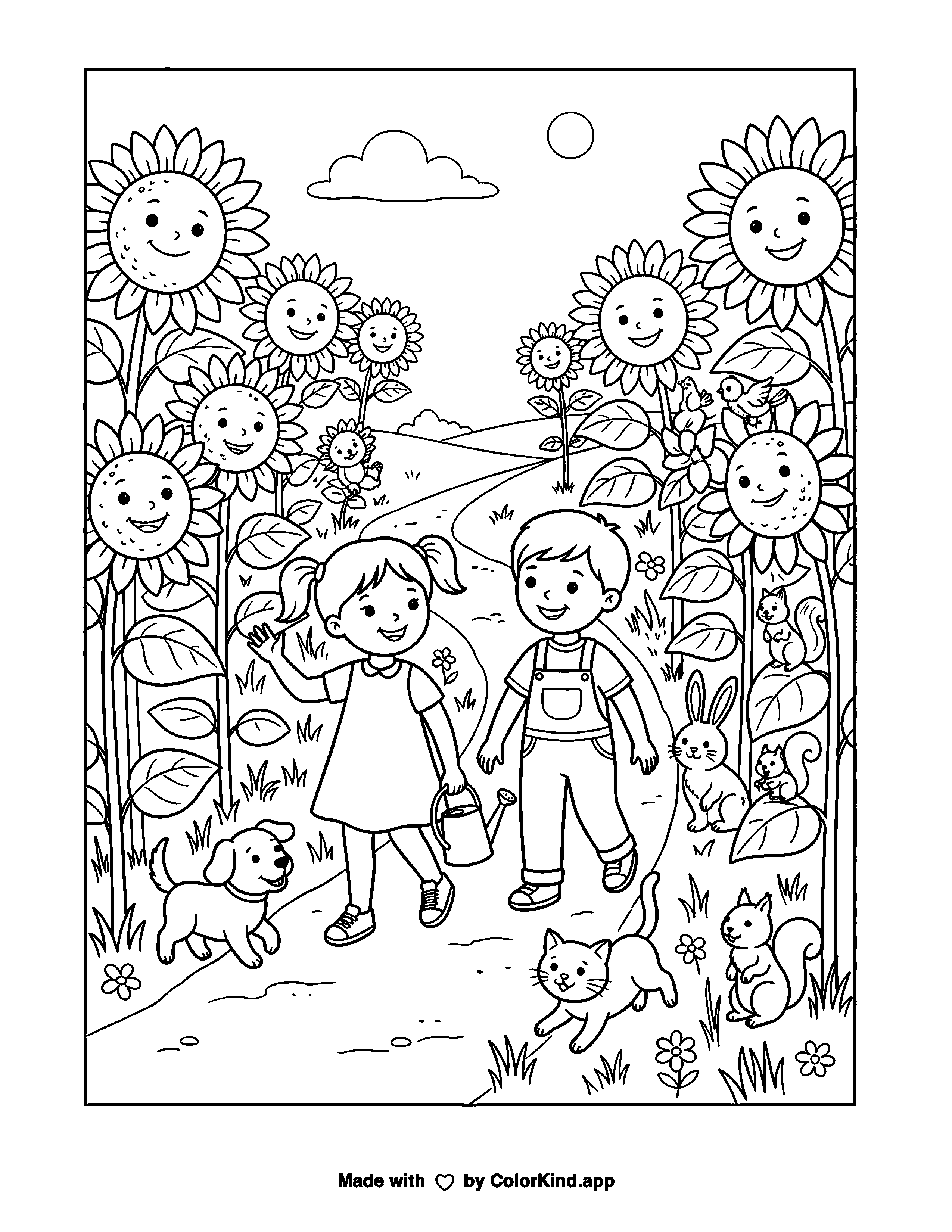 Children Walking Among Giant Sunflowers as a free printable coloring page reviewed by ColorKind