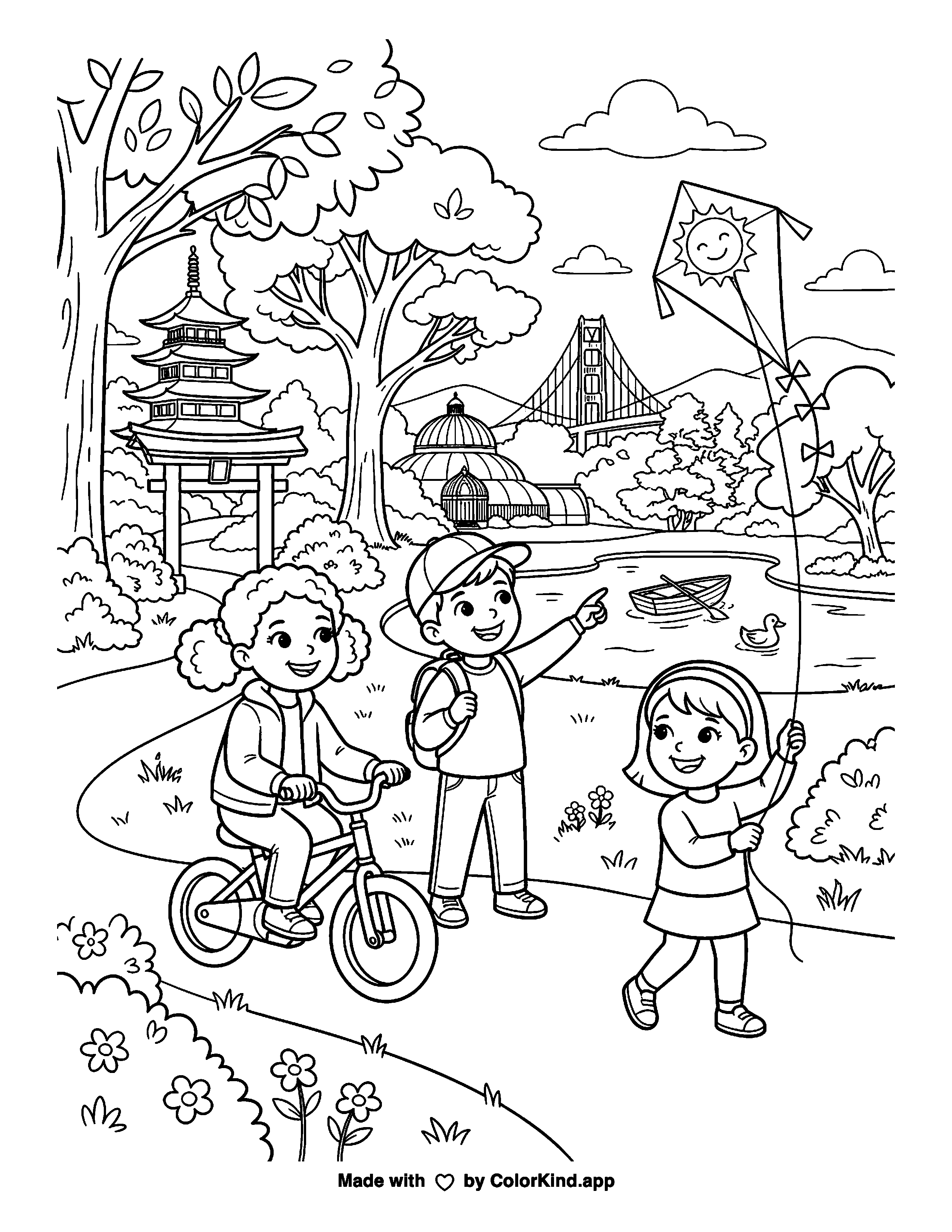 City Park Scene - Golden Gate Park San Francisco as a free printable coloring page reviewed by ColorKind