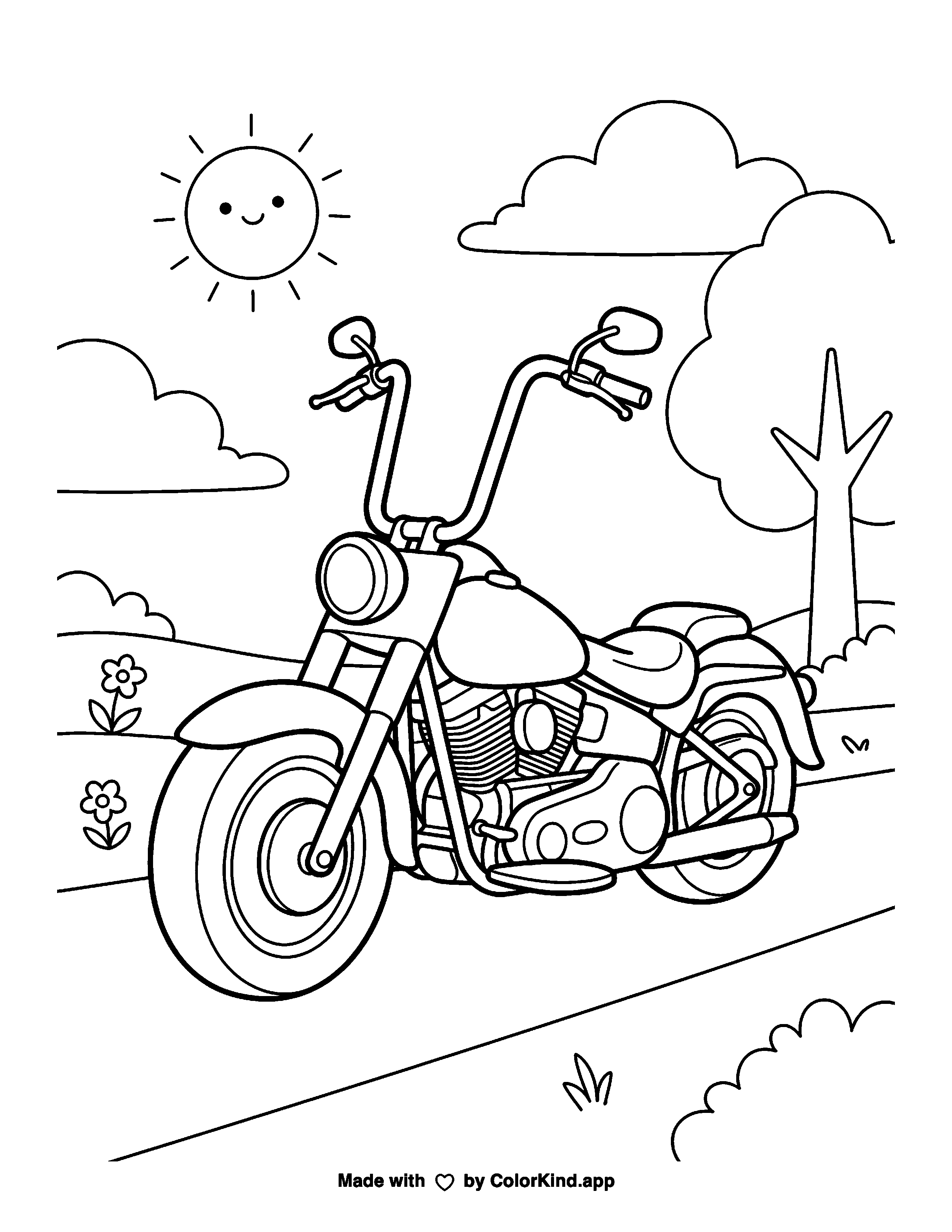 Classic Motorcycle with Tall Handlebars as a free printable coloring page reviewed by ColorKind