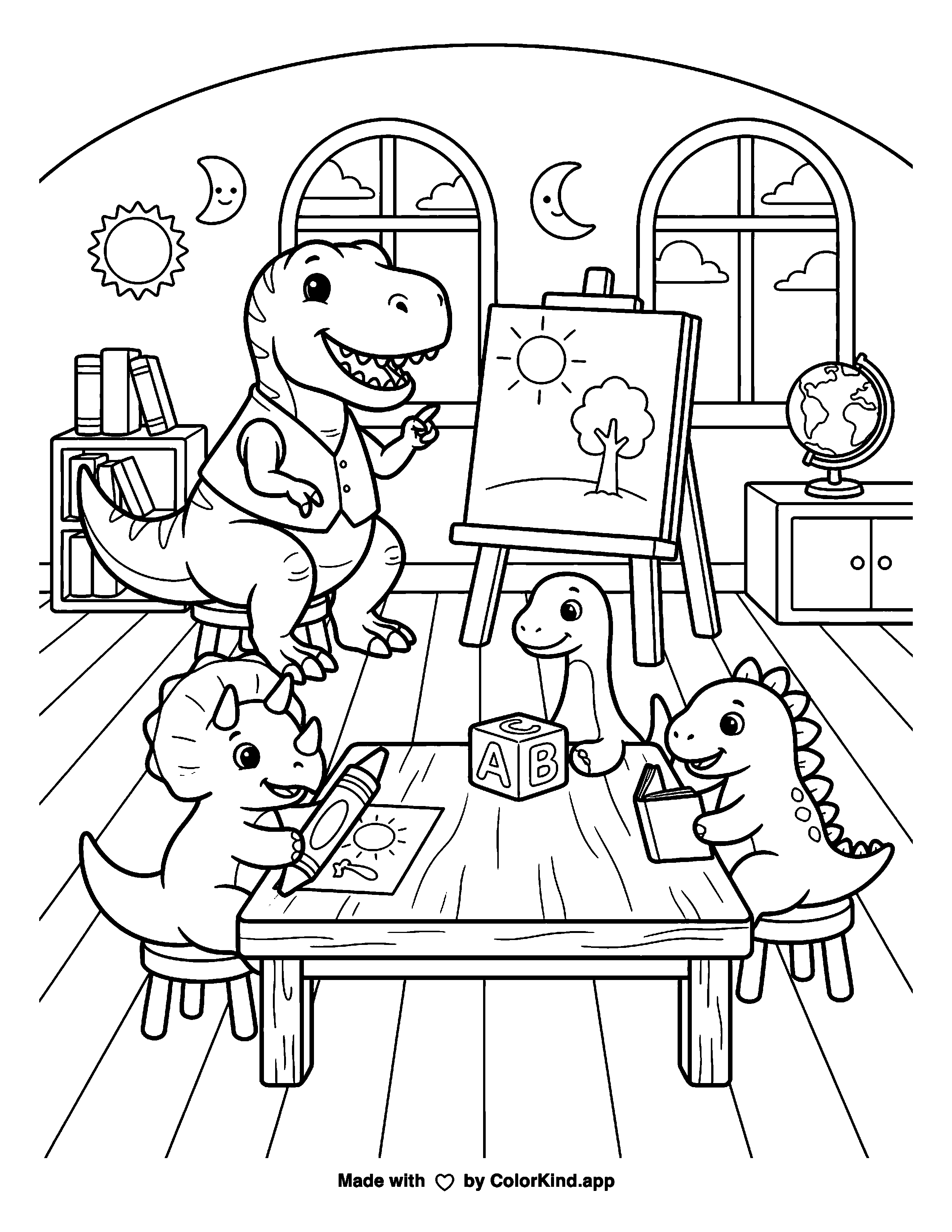 Classroom Dinosaurs Coloring Page as a free printable coloring page reviewed by ColorKind