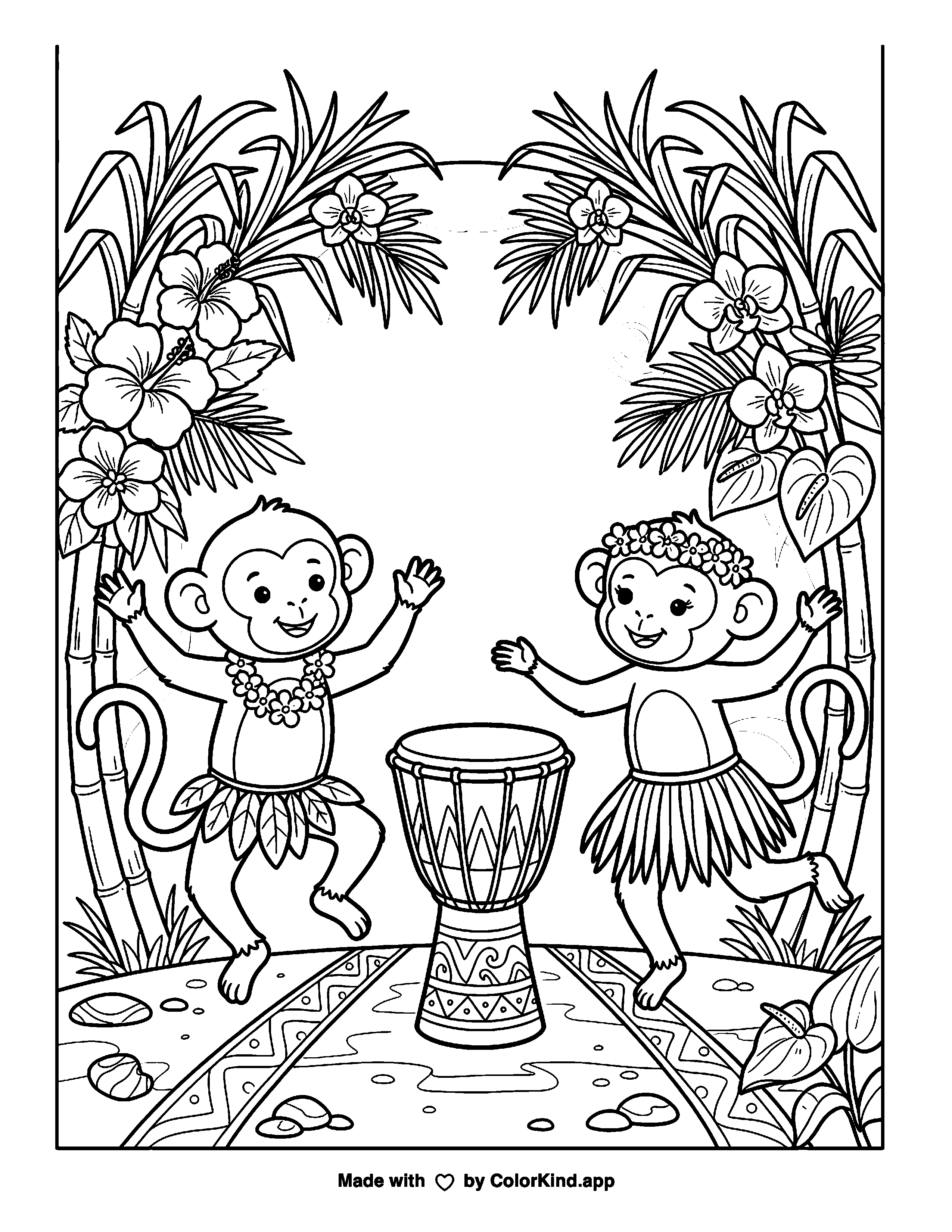 Dancing Monkeys with Drum as a free printable coloring page reviewed by ColorKind