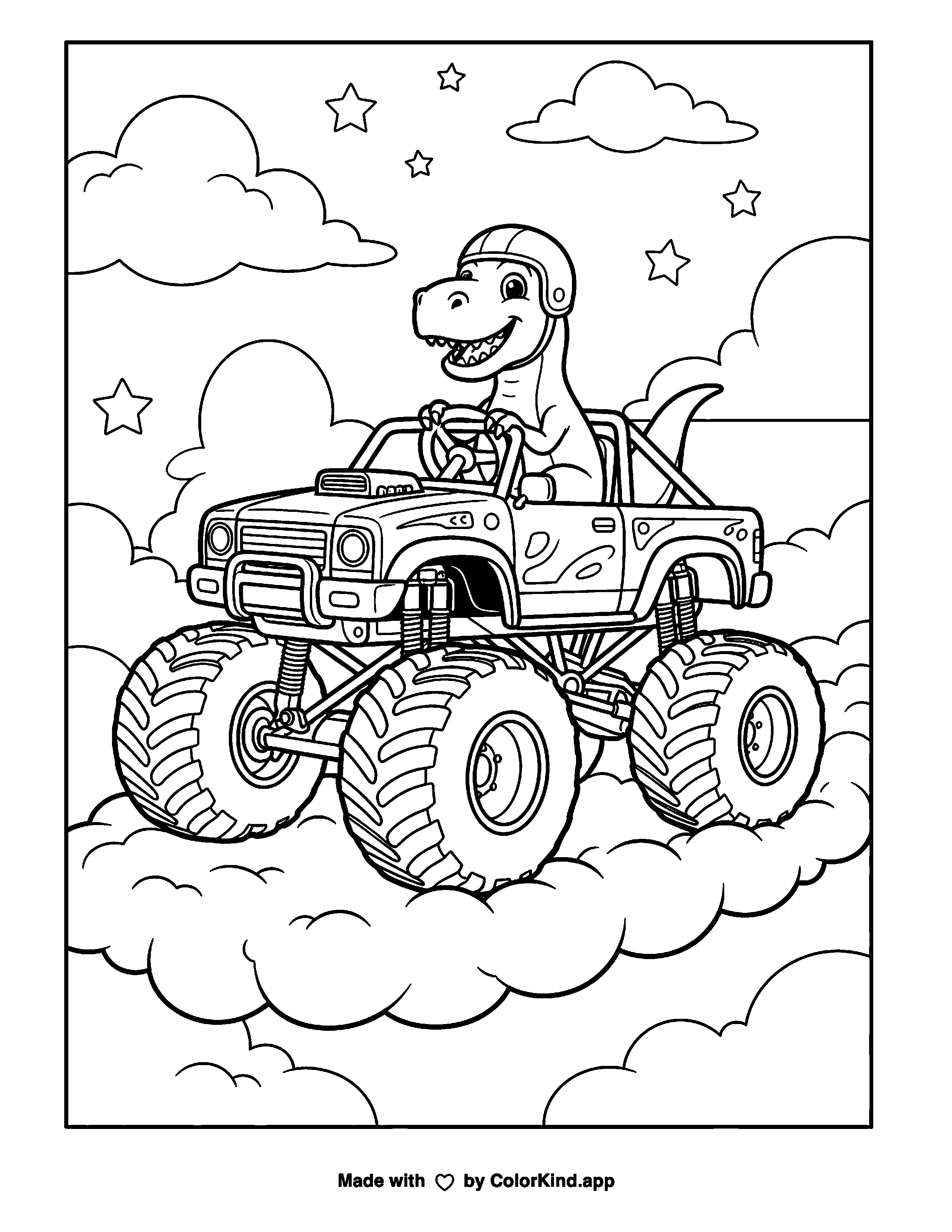 Dinosaur Driving a Big Truck Through the Clouds as a free printable coloring page reviewed by ColorKind