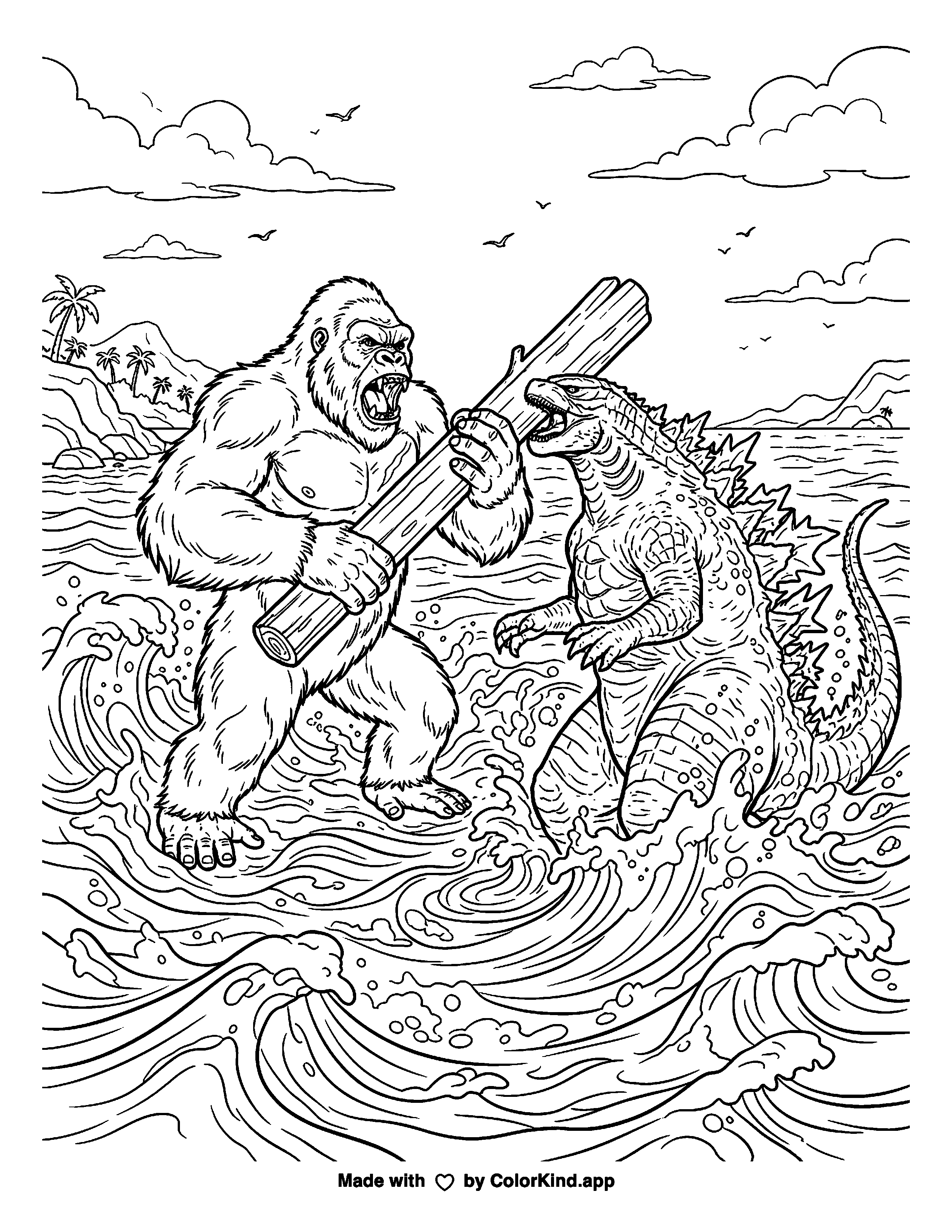 Epic Sea Monster Showdown as a free printable coloring page reviewed by ColorKind