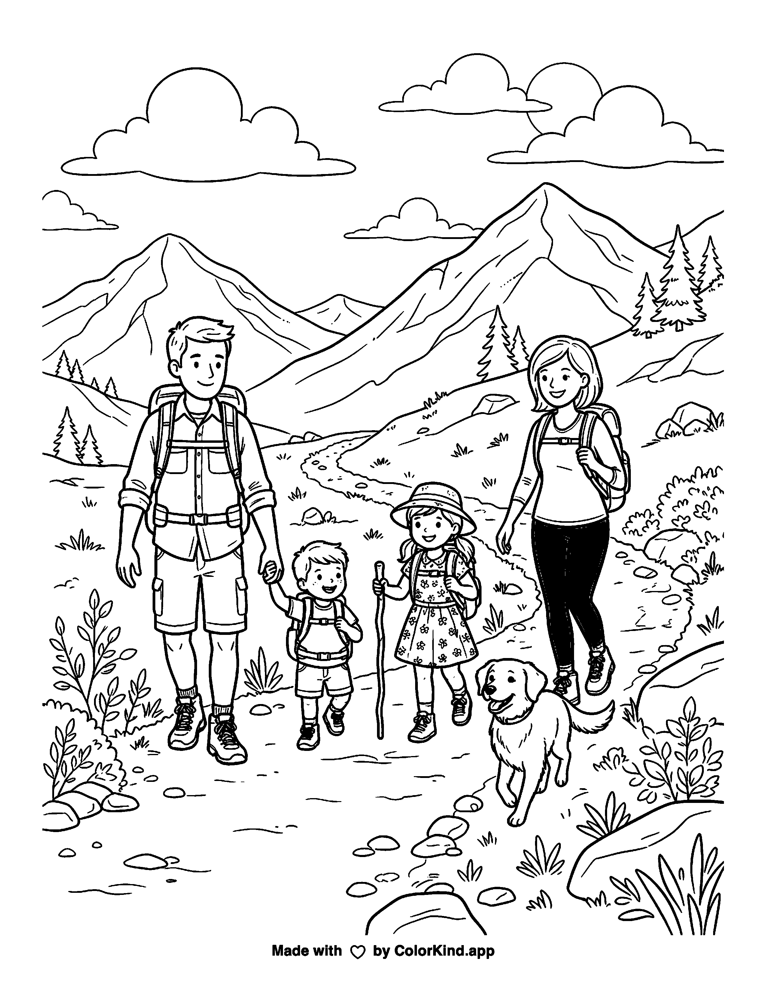 Family Hiking with Dog in a Mountain Scene as a free printable coloring page reviewed by ColorKind
